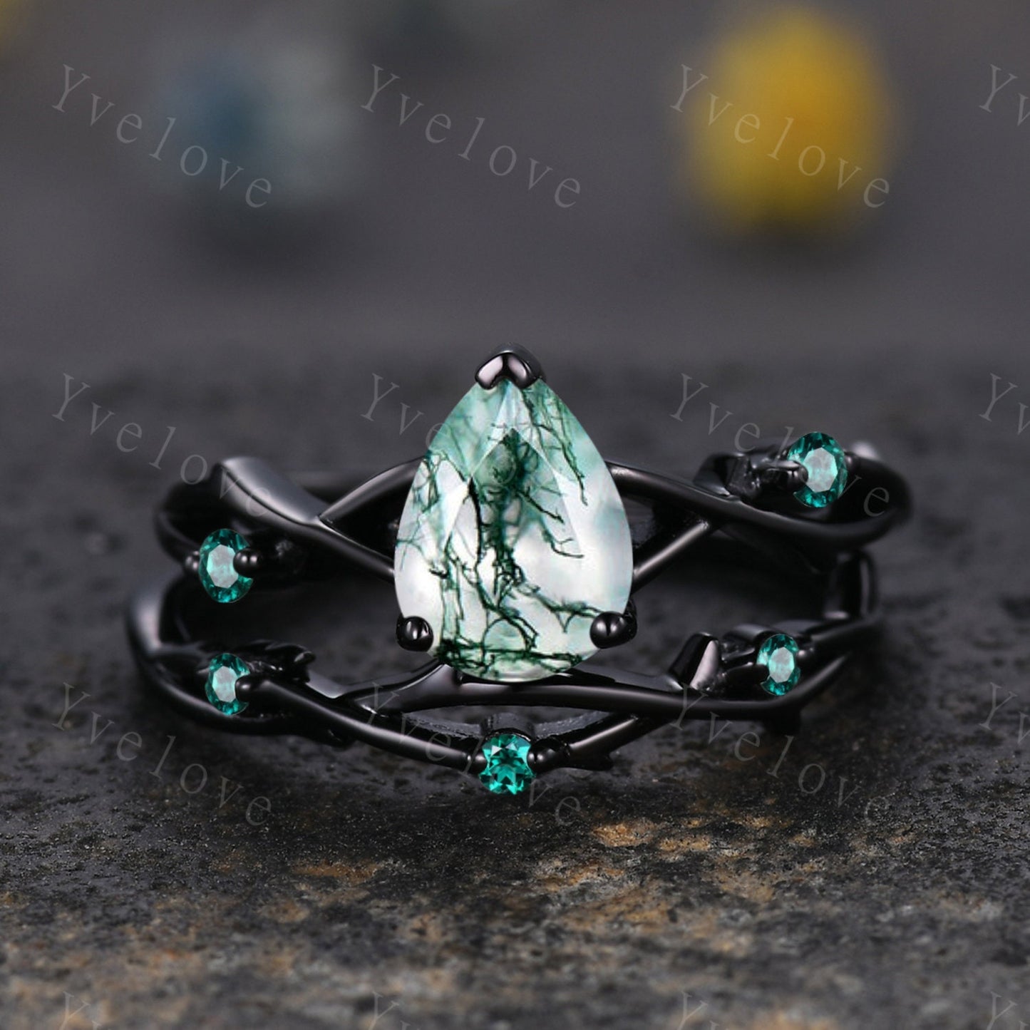Unique Twig Pear Moss Agate Engagement Ring Set,Vintage Leaf Emerald Ring,Black Gold Branch Ring,Art Deco Promise Bridal Wedding Ring Set