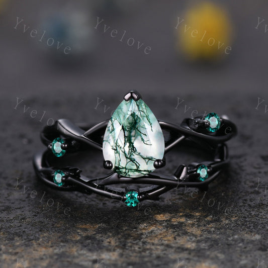 Unique Twig Pear Moss Agate Engagement Ring Set,Vintage Leaf Emerald Ring,Black Gold Branch Ring,Art Deco Promise Bridal Wedding Ring Set
