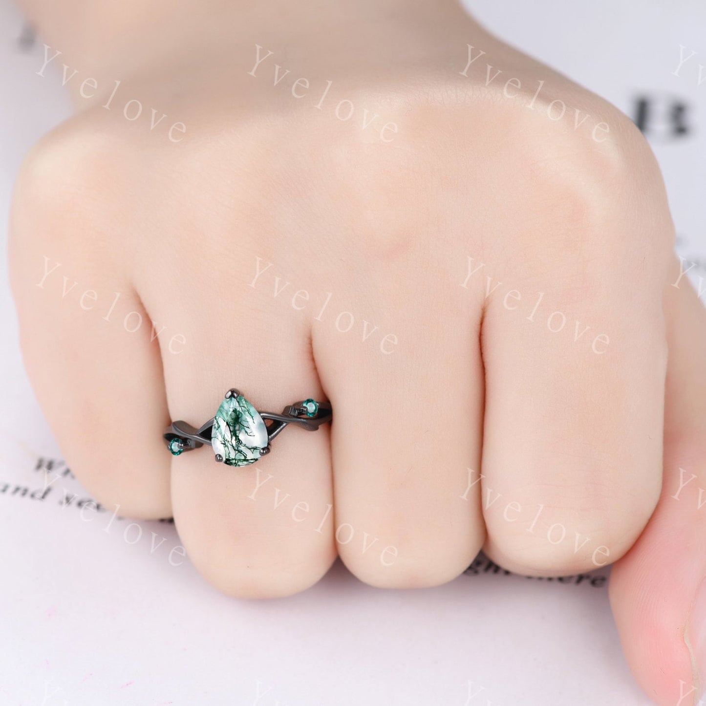 Unique Twig Pear Moss Agate Engagement Ring Set,Vintage Leaf Emerald Ring,Black Gold Branch Ring,Art Deco Promise Bridal Wedding Ring Set