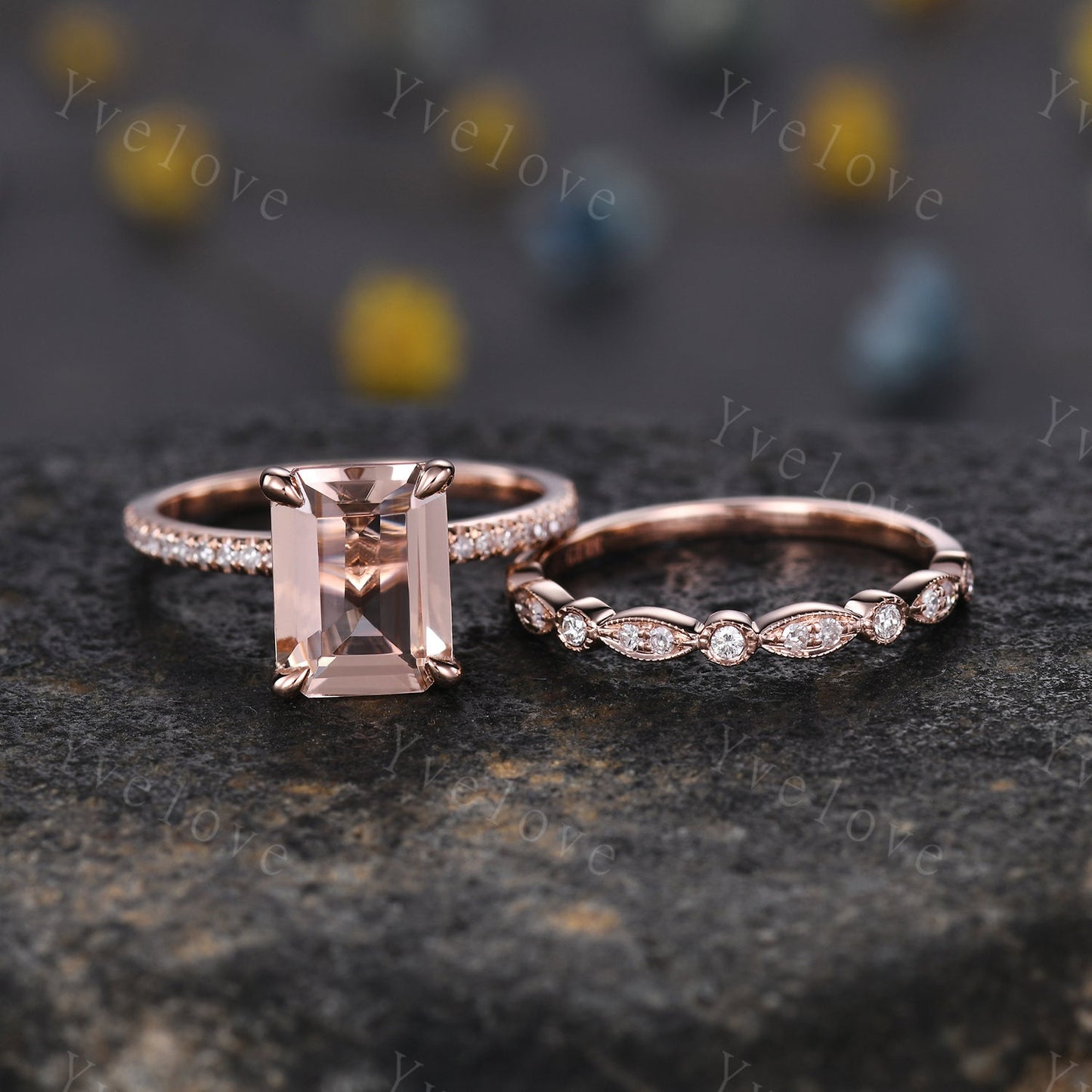 Morganite ring set emerald cut pink morganite engagement ring half eternity band diamond stacking matching ring 14k rose gold bridal  gift