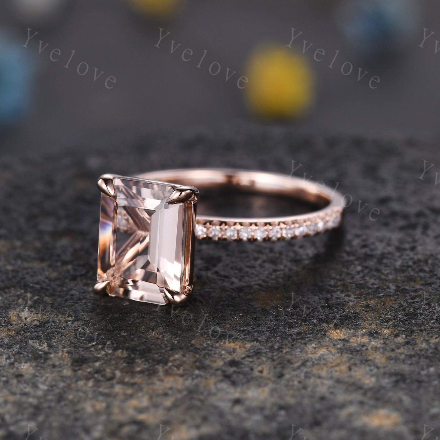 Morganite Engagement Ring 14k Rose Gold Diamond Wedding Band 7x9mm Emerald Cut Pink Morganite Ring Bridal Promise Ring Women Valentine Gift