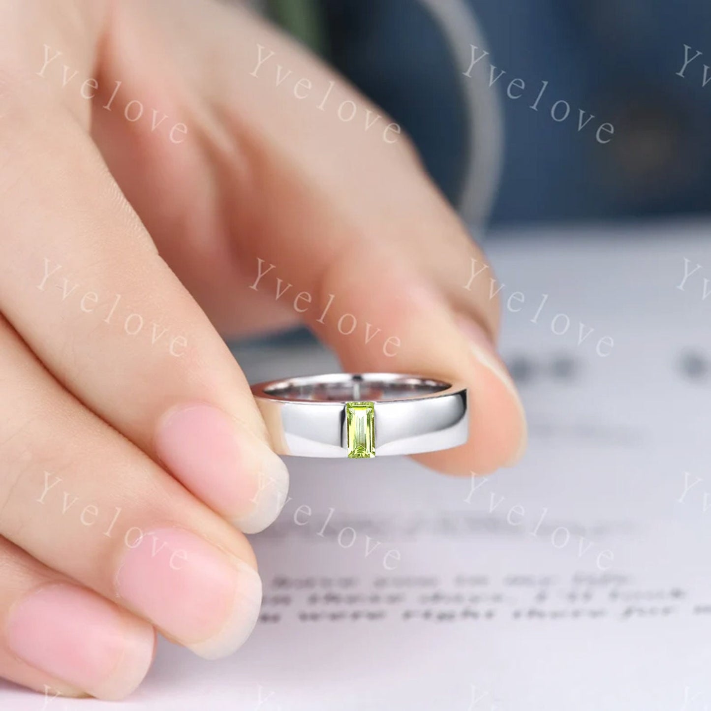 Mens Peridot Wedding Band Baguette Shaped Peridot Band 5mm Solid White Gold Ring Mens Stacking Matching Band Retro Vintage Ring Gift Custom