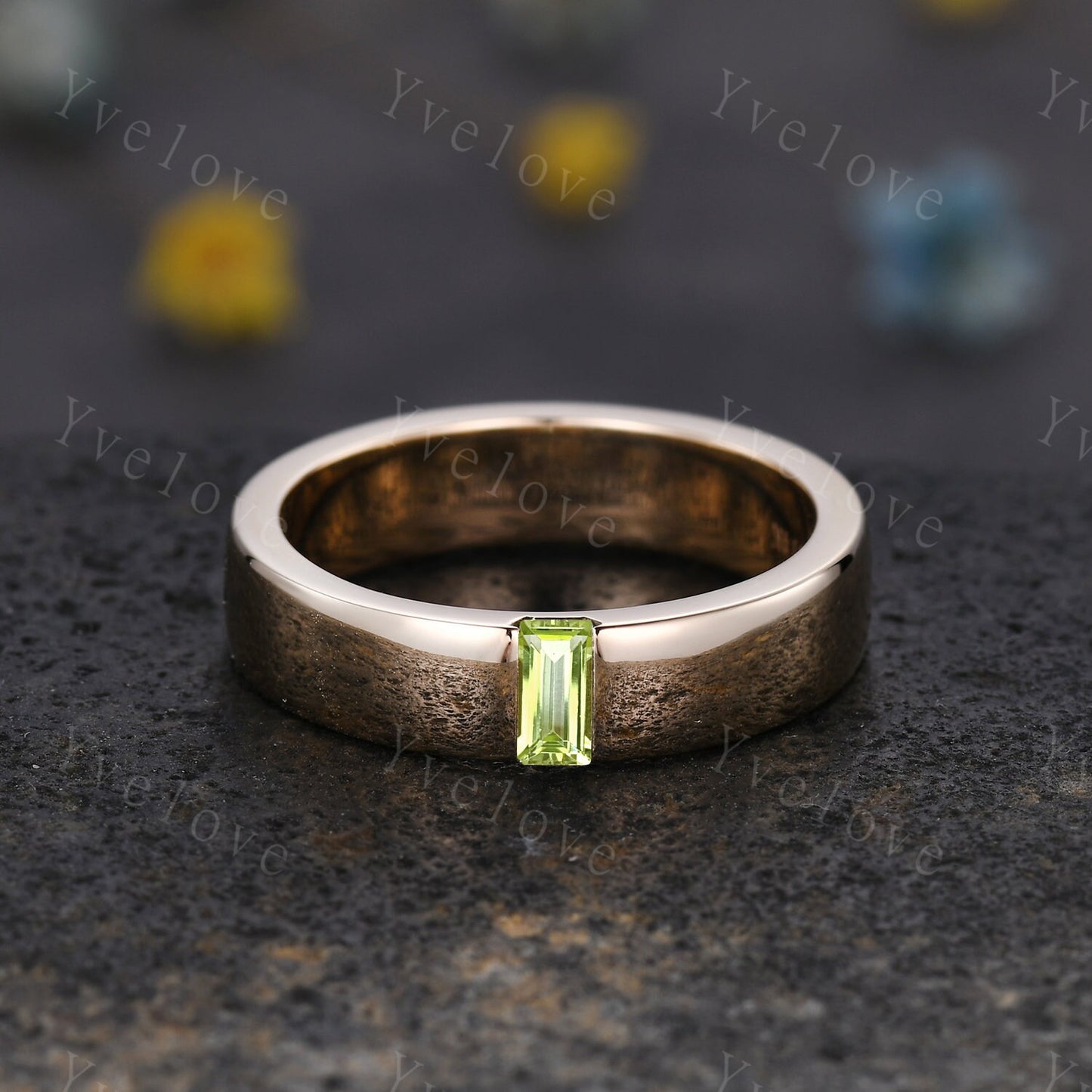 Mens Peridot Wedding Band Baguette Shaped Peridot Band 5mm Solid Black Gold Ring Mens Stacking Matching Band Retro Vintage Ring Gift Custom
