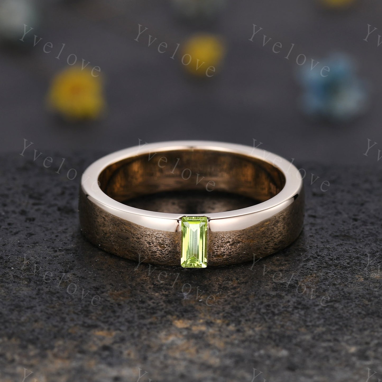 Mens Peridot Wedding Band Baguette Shaped Peridot Band 5mm Solid White Gold Ring Mens Stacking Matching Band Retro Vintage Ring Gift Custom