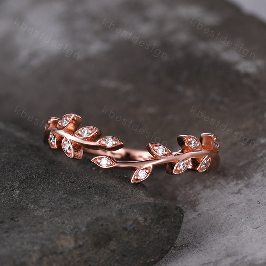 Delicate Moissanite wedding band rose gold curved matching band twig leaf Stacking band olive branch engagement ring bridal anniversary ring