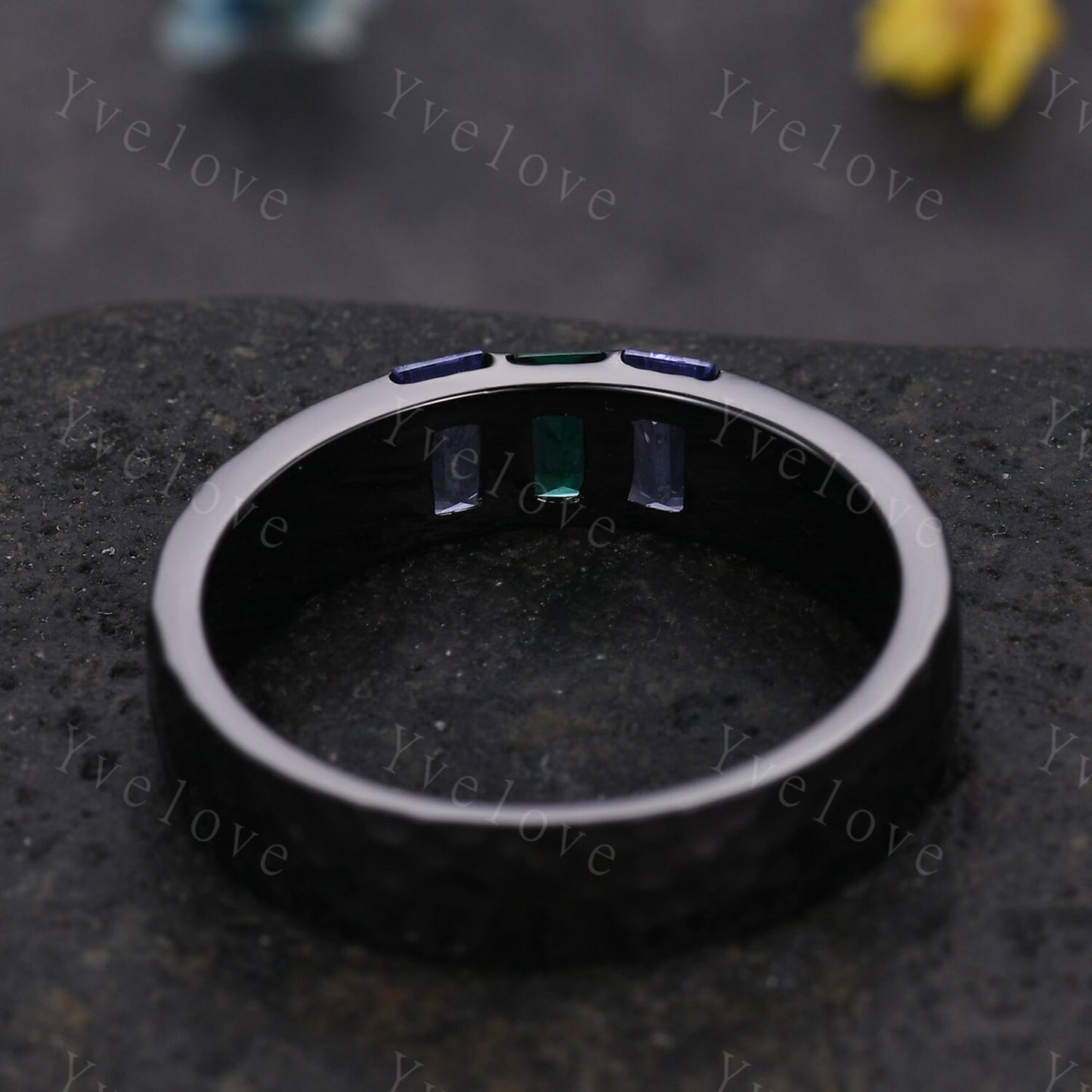 Mens Emerald Tanzanite Wedding Band Baguette Cut Gems Band 5mm Black Band Ring Mens Hammered Stacking Matching Band Retro Vintage Ring Gift