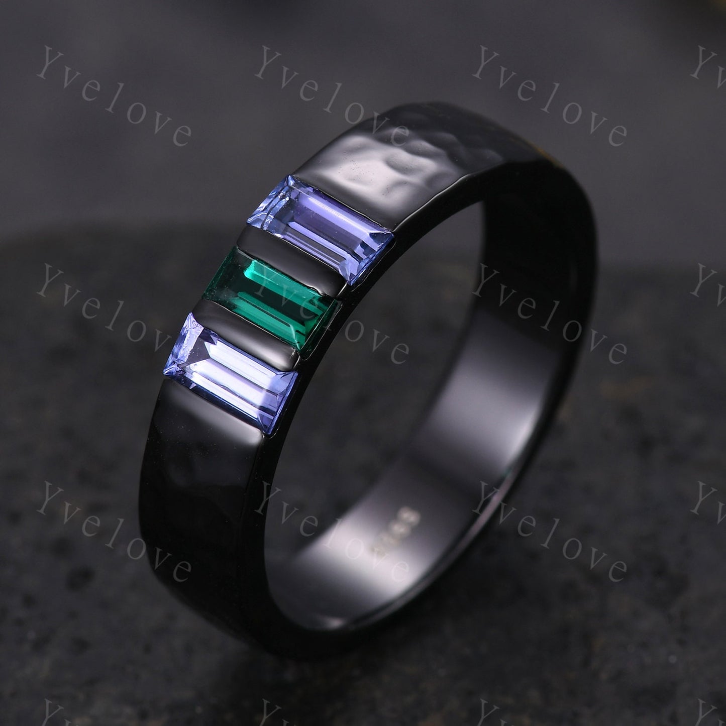 Mens Emerald Tanzanite Wedding Band Baguette Cut Gems Band 5mm Black Band Ring Mens Hammered Stacking Matching Band Retro Vintage Ring Gift