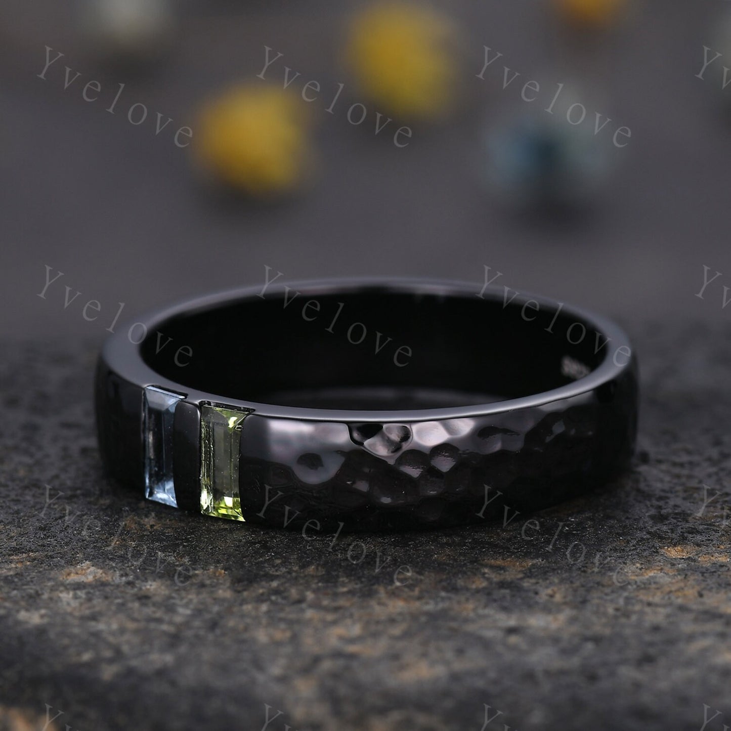 Mens Peridot Aquamarine Wedding Band Baguette Cut Gems Band 5mm Black Band Ring Mens Hammered Stacking Matching Band Retro Vintage Ring Gift