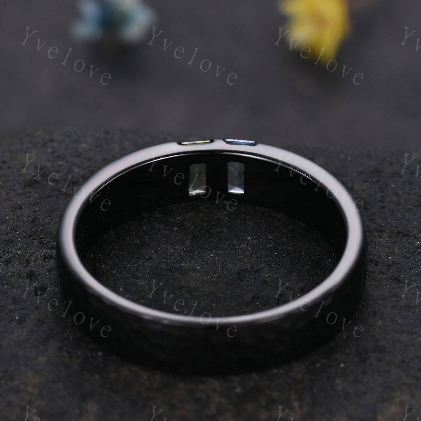 Mens Peridot Aquamarine Wedding Band Baguette Cut Gems Band 5mm Black Band Ring Mens Hammered Stacking Matching Band Retro Vintage Ring Gift