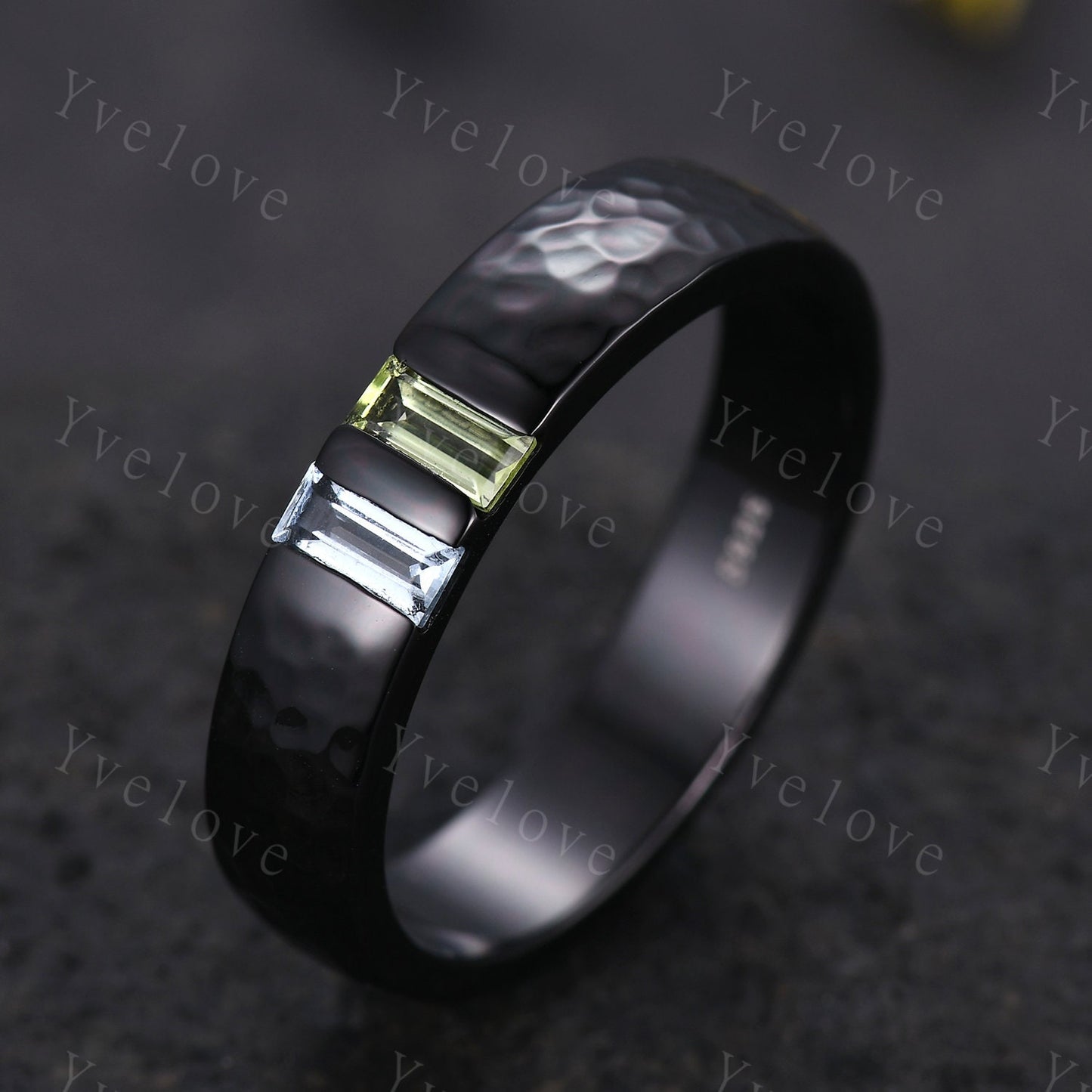 Mens Peridot Aquamarine Wedding Band Baguette Cut Gems Band 5mm Black Band Ring Mens Hammered Stacking Matching Band Retro Vintage Ring Gift
