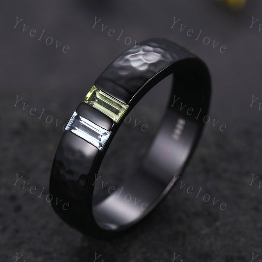 Mens Peridot Aquamarine Wedding Band Baguette Cut Gems Band 5mm Black Band Ring Mens Hammered Stacking Matching Band Retro Vintage Ring Gift