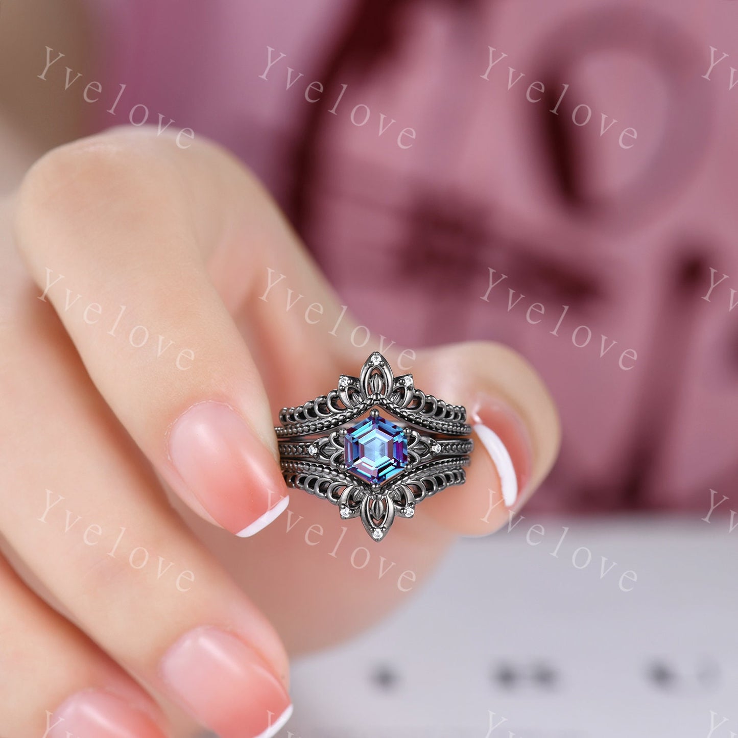 Hexagon Cut Alexandrite Engagement Ring Vintage Black Gold Ring Unique black wedding band,Diamond Ring Anniversary Gift,Celtic Gothic Ring