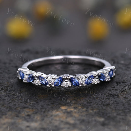 Marquise sapphire wedding band vintage sapphire ring white gold moissanite antique unique stacking band anniversary promise matching band