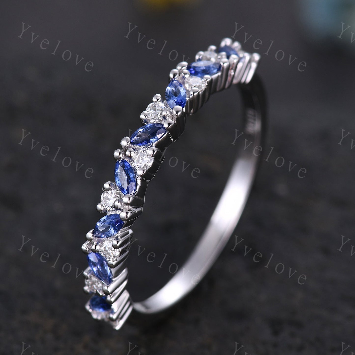 Marquise sapphire wedding band vintage sapphire ring white gold moissanite antique unique stacking band anniversary promise matching band