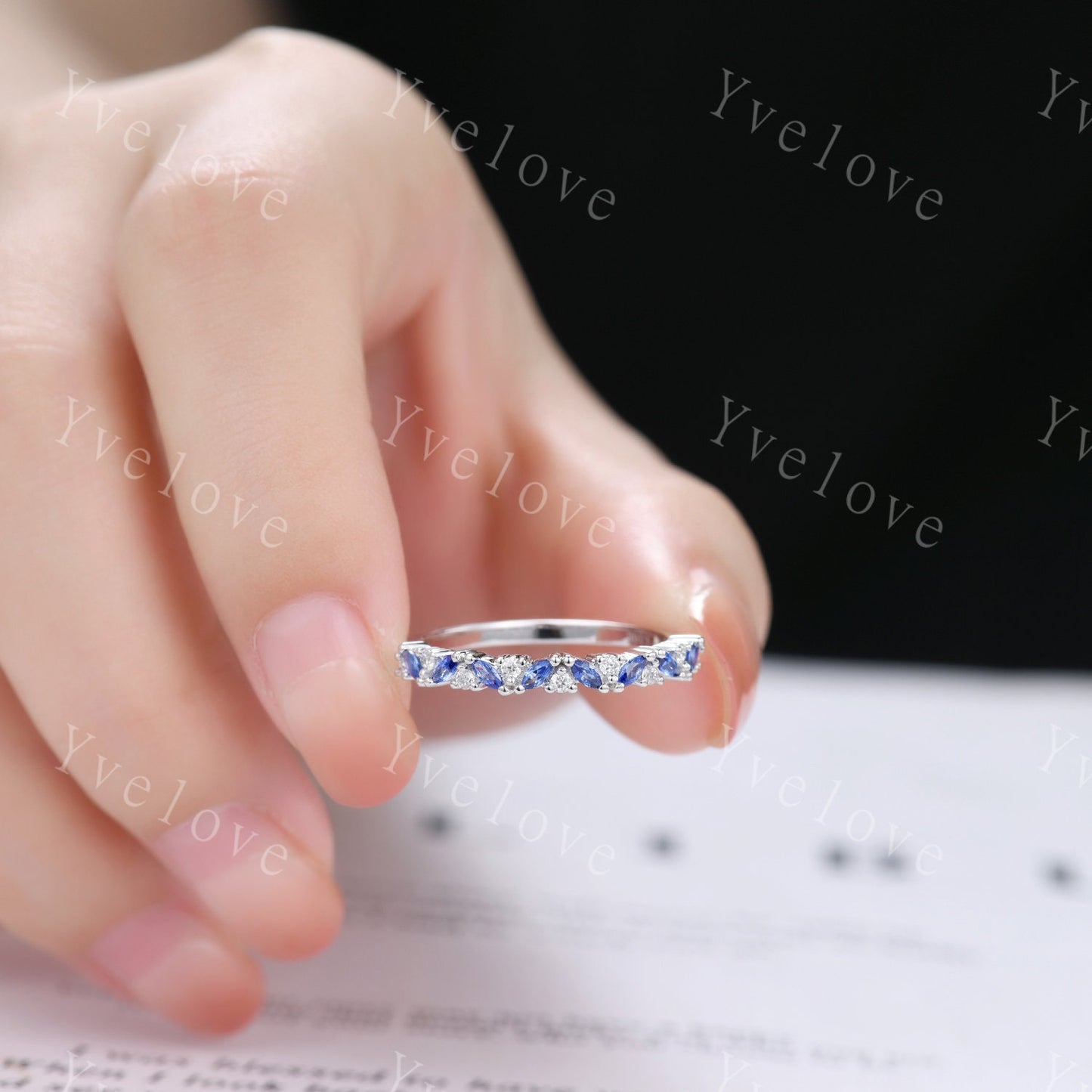 Marquise sapphire wedding band vintage sapphire ring white gold moissanite antique unique stacking band anniversary promise matching band