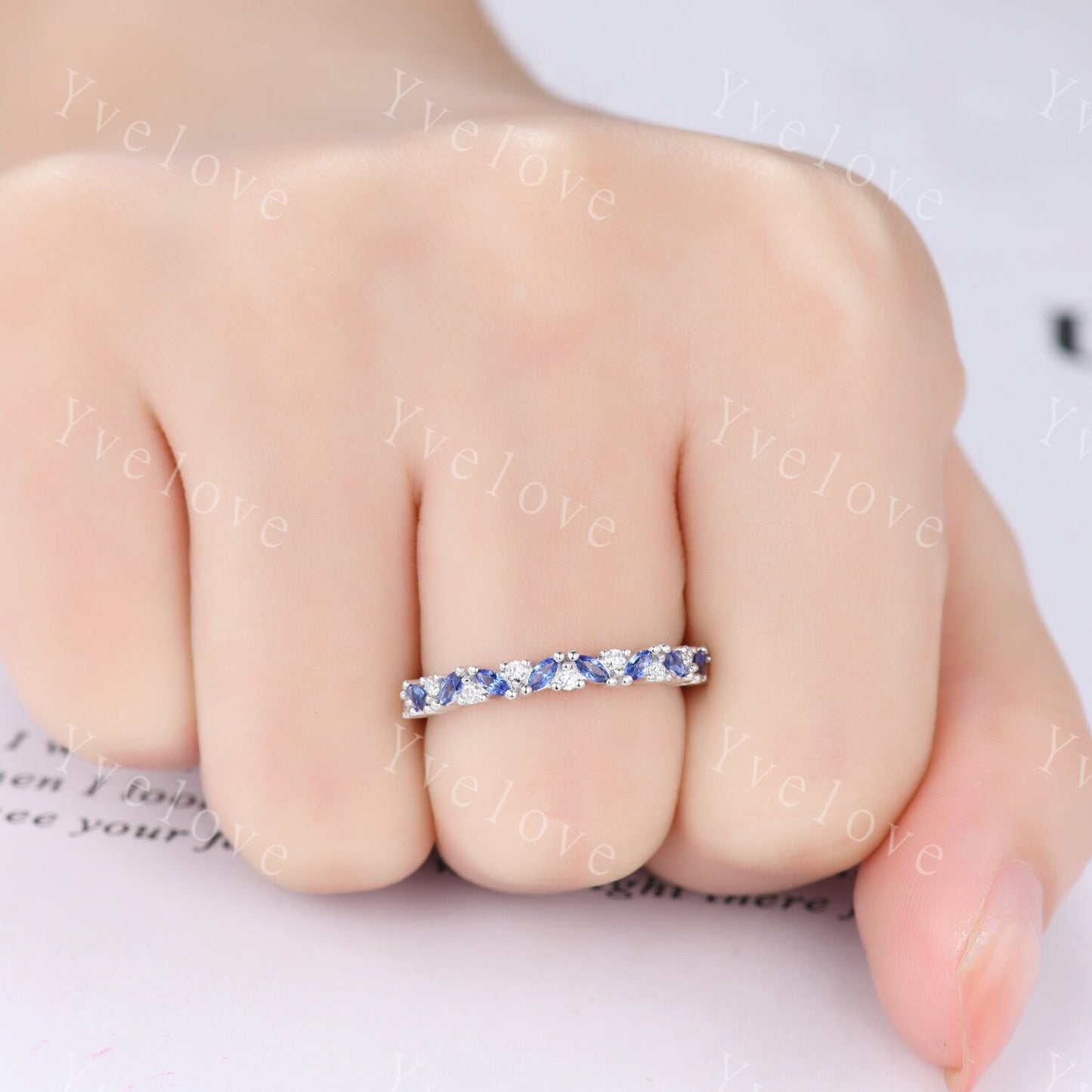 Marquise sapphire wedding band vintage sapphire ring yellow gold moissanite antique unique stacking band anniversary promise matching band