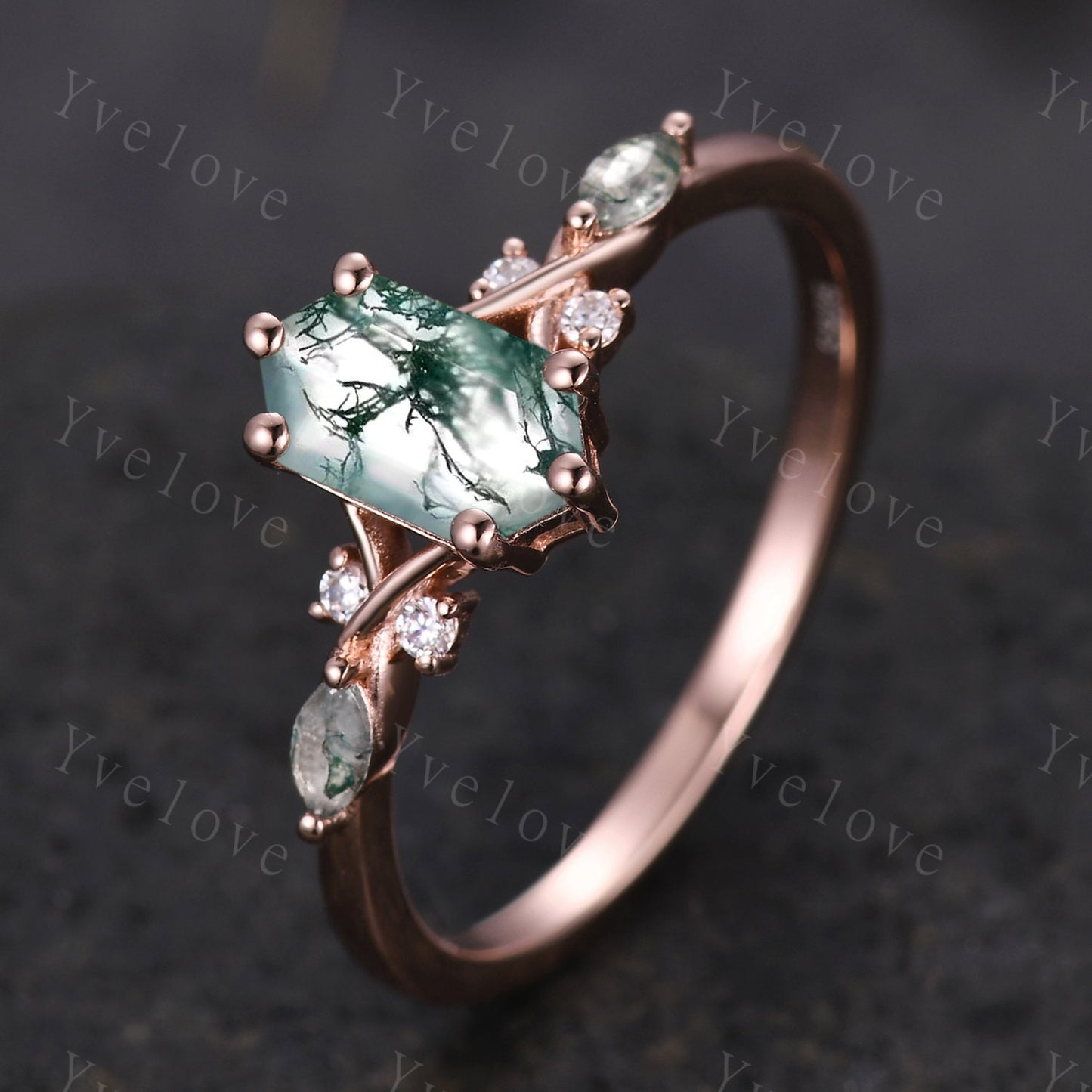 Hexagon Moss Agate Ring,Green Agate Engagement Ring,Marquise Moss Agate,Moissanite Matching Stacking Wedding Band,Art Deco Ring for women
