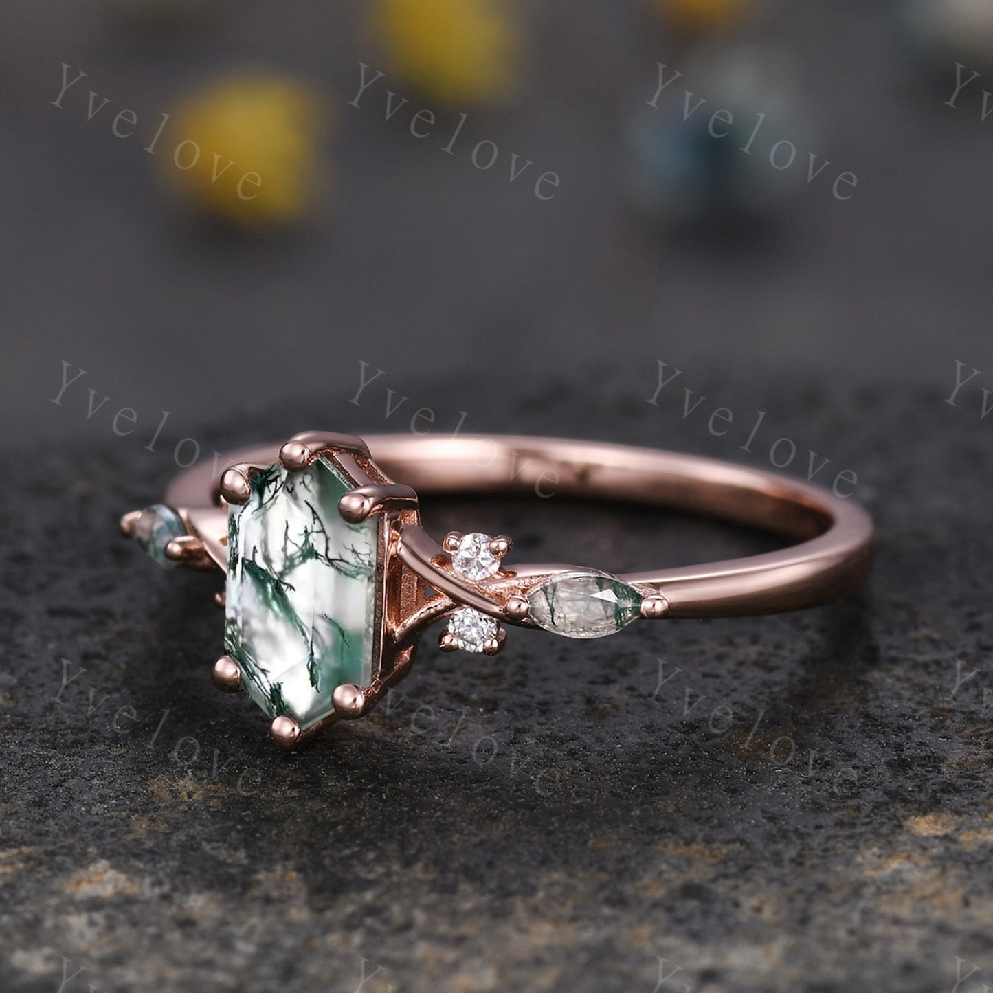 Hexagon Moss Agate Ring,Green Agate Engagement Ring,Marquise Moss Agate,Moissanite Matching Stacking Wedding Band,Art Deco Ring for women