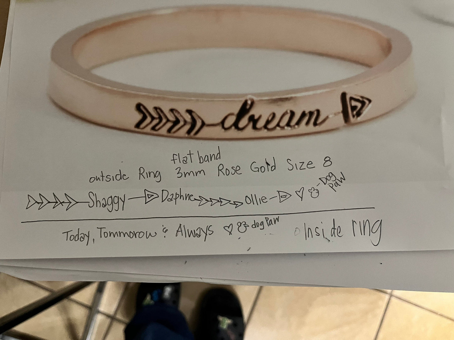 Custom order for Jy, 3mm band width, rose gold plated. engraving the outside and inside as requested, flat style.
