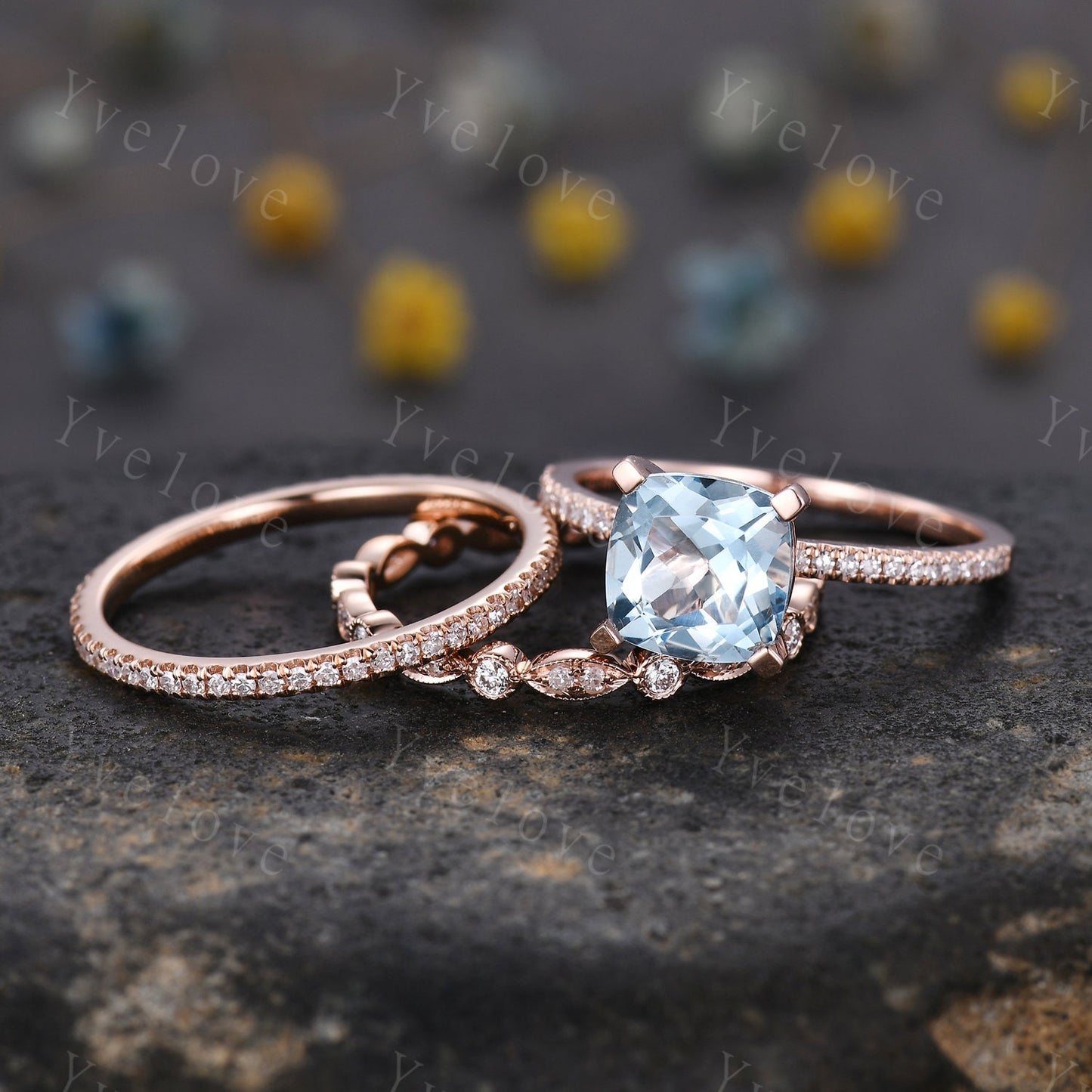 3pcs Aquamarine ring set natural aquamarine engagement ring set 8mm cushion stone diamond wedding band 14k solid gold wedding ring set gift