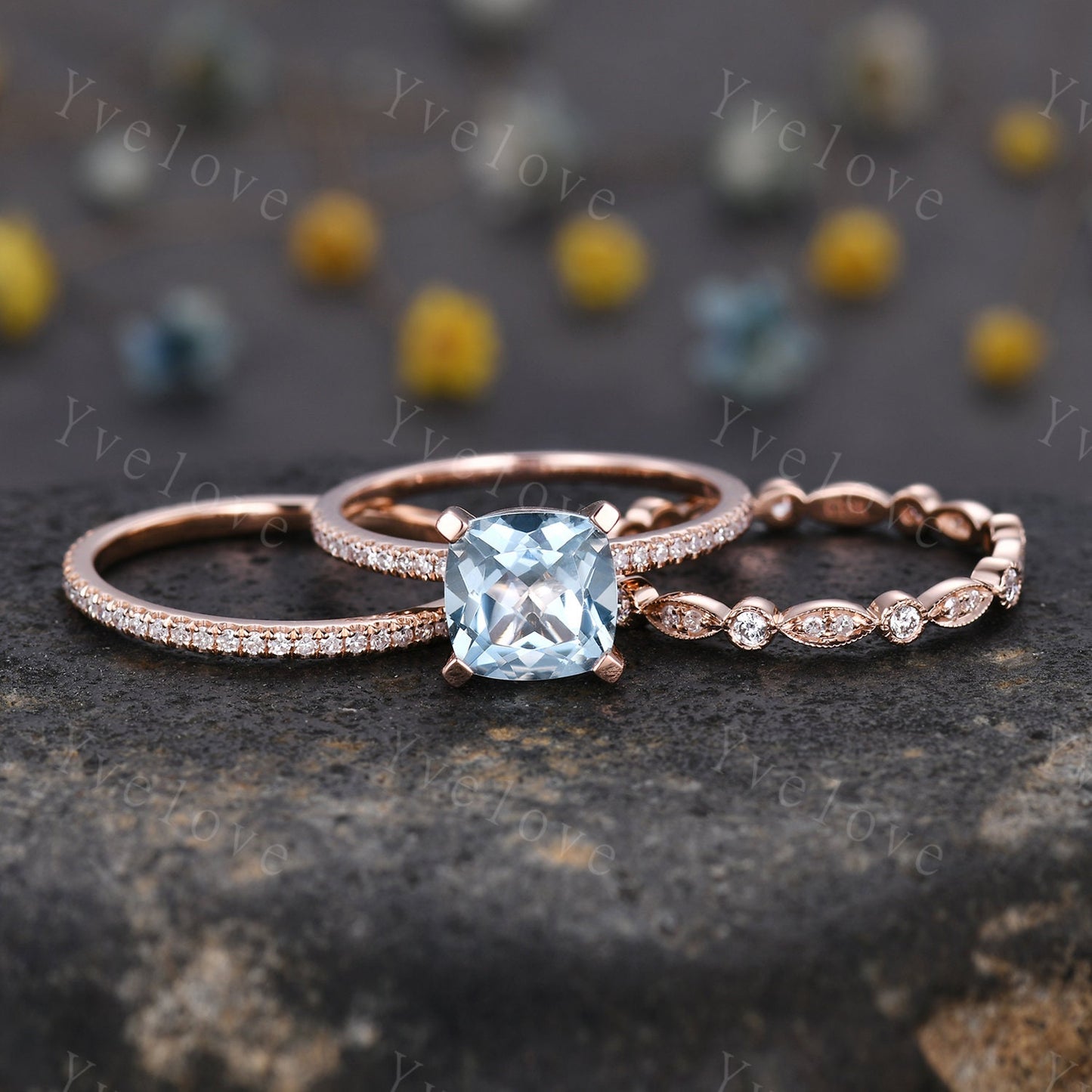 3pcs Aquamarine ring set natural aquamarine engagement ring set 8mm cushion stone diamond wedding band 14k solid gold wedding ring set gift