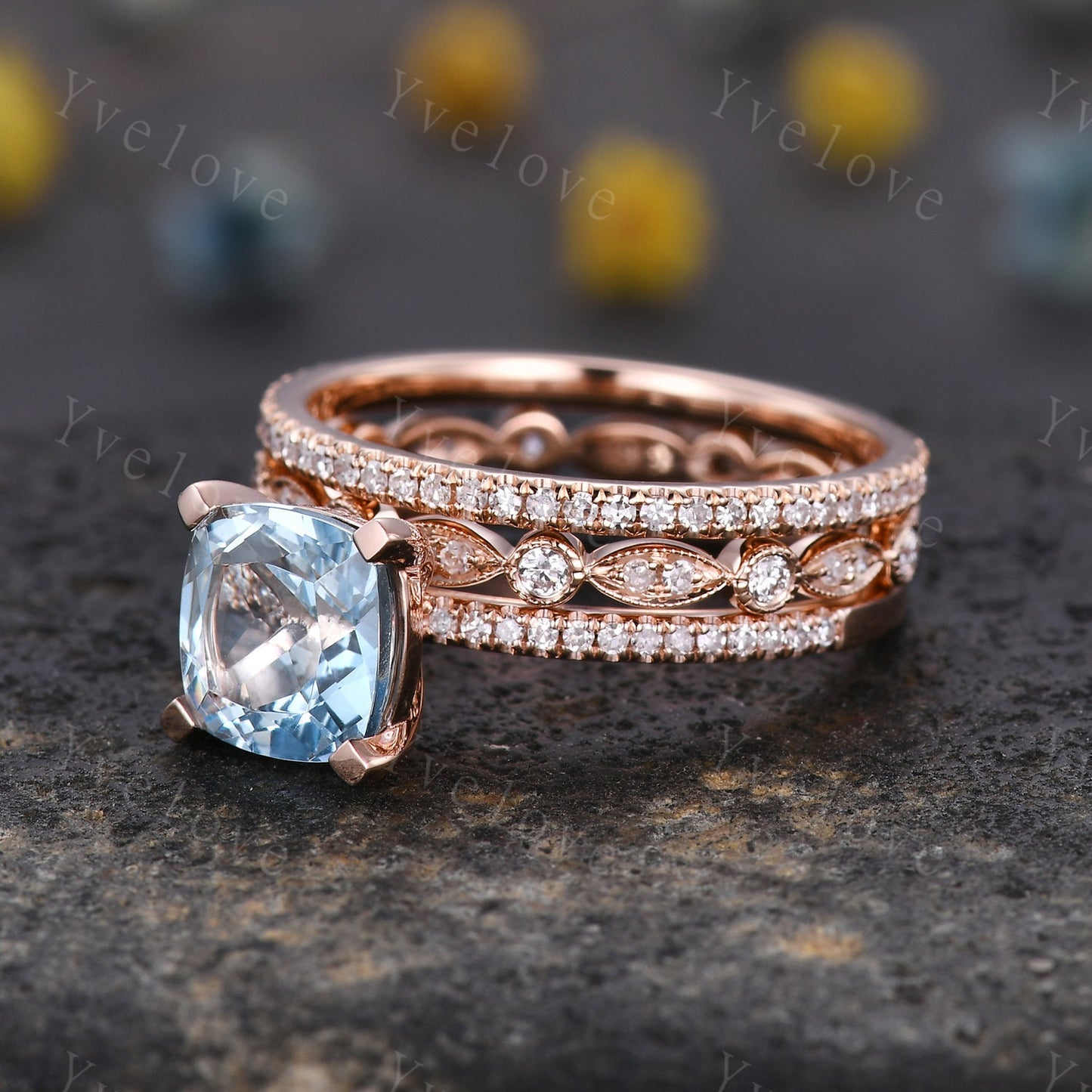 3pcs Aquamarine ring set natural aquamarine engagement ring set 8mm cushion stone diamond wedding band 14k solid gold wedding ring set gift