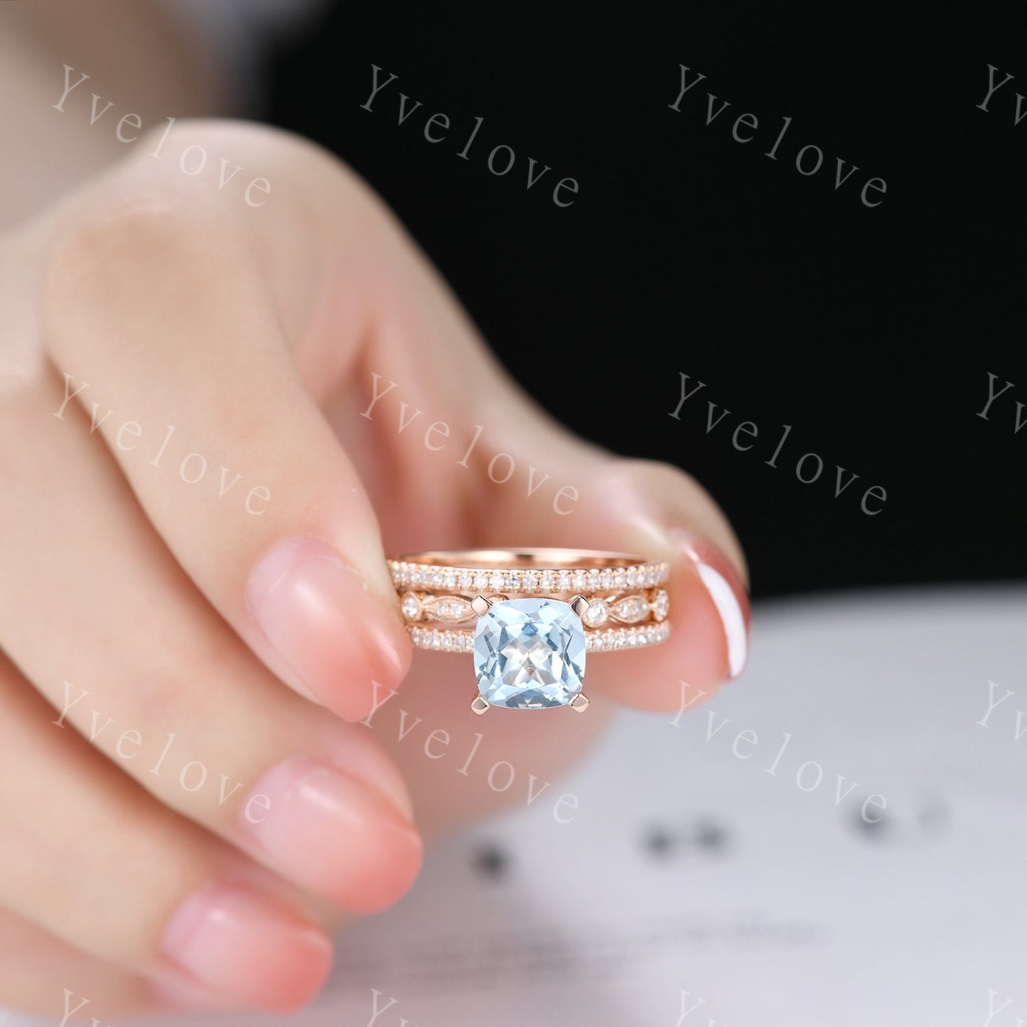 3pcs Aquamarine ring set natural aquamarine engagement ring set 8mm cushion stone diamond wedding band 14k solid gold wedding ring set gift