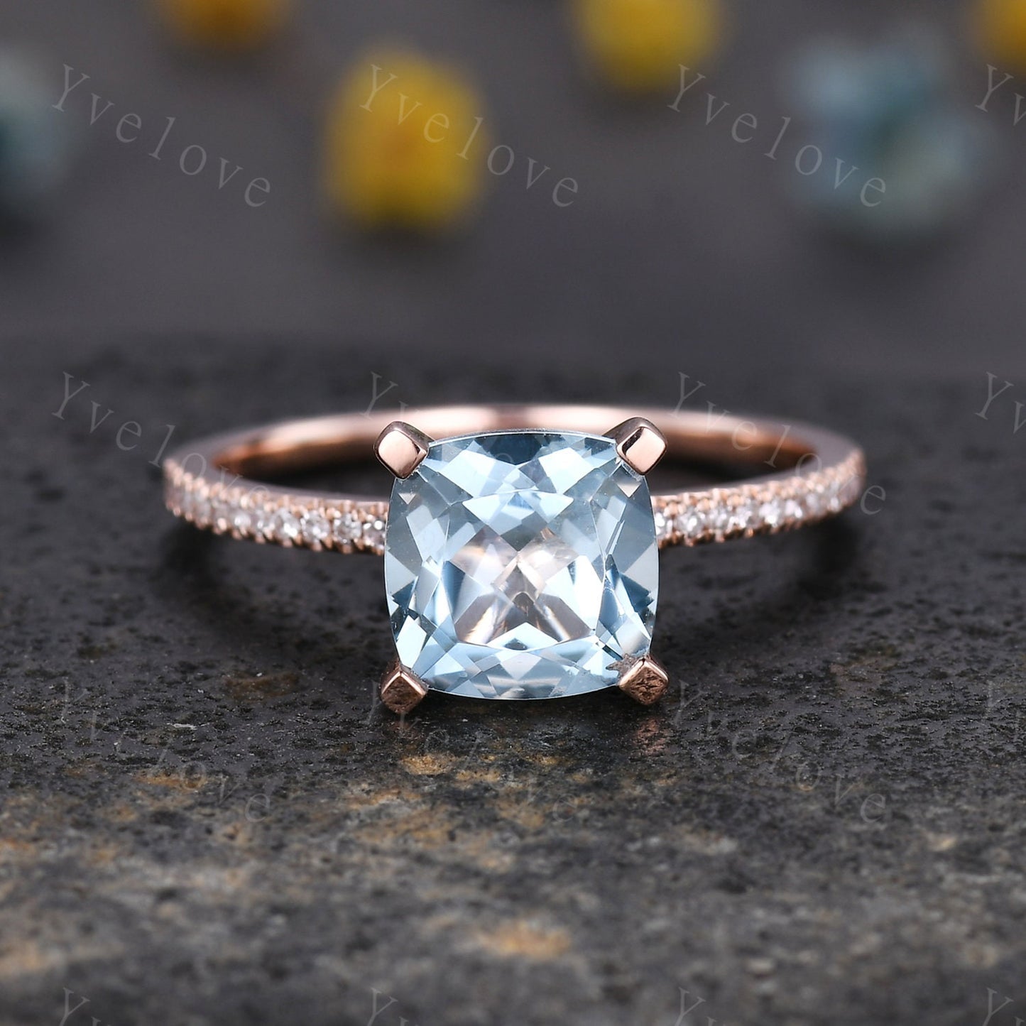 3pcs Aquamarine ring set natural aquamarine engagement ring set 8mm cushion stone diamond wedding band 14k solid gold wedding ring set gift