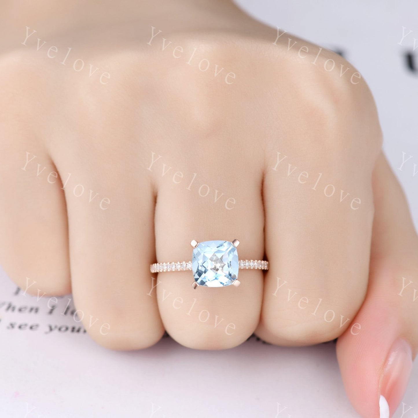 3pcs Aquamarine ring set natural aquamarine engagement ring set 8mm cushion stone diamond wedding band 14k solid gold wedding ring set gift