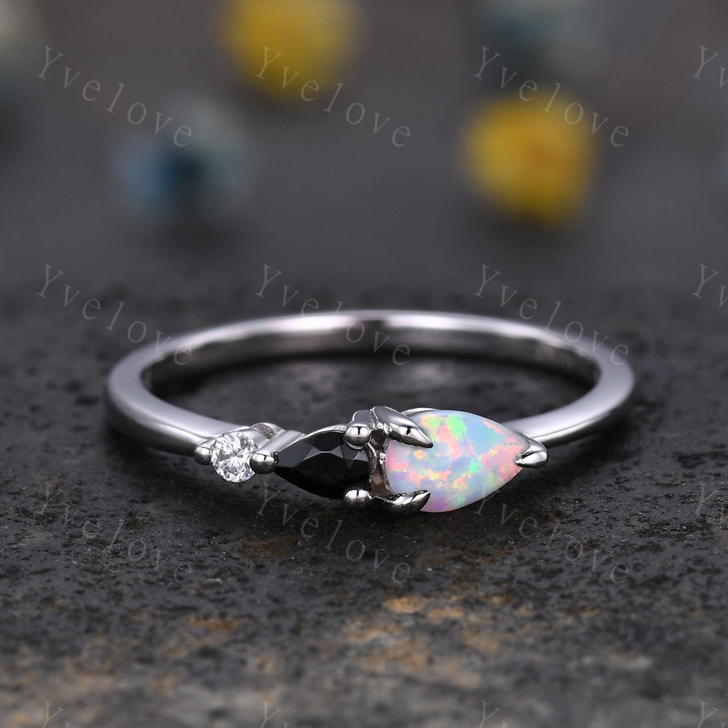 Vintage Opal Black Spinel Engagement Ring,Pear Cut Gems,Art Deco Moissanite Wedding Band,3 Stone Unique Women Bridal Promise Ring Gift