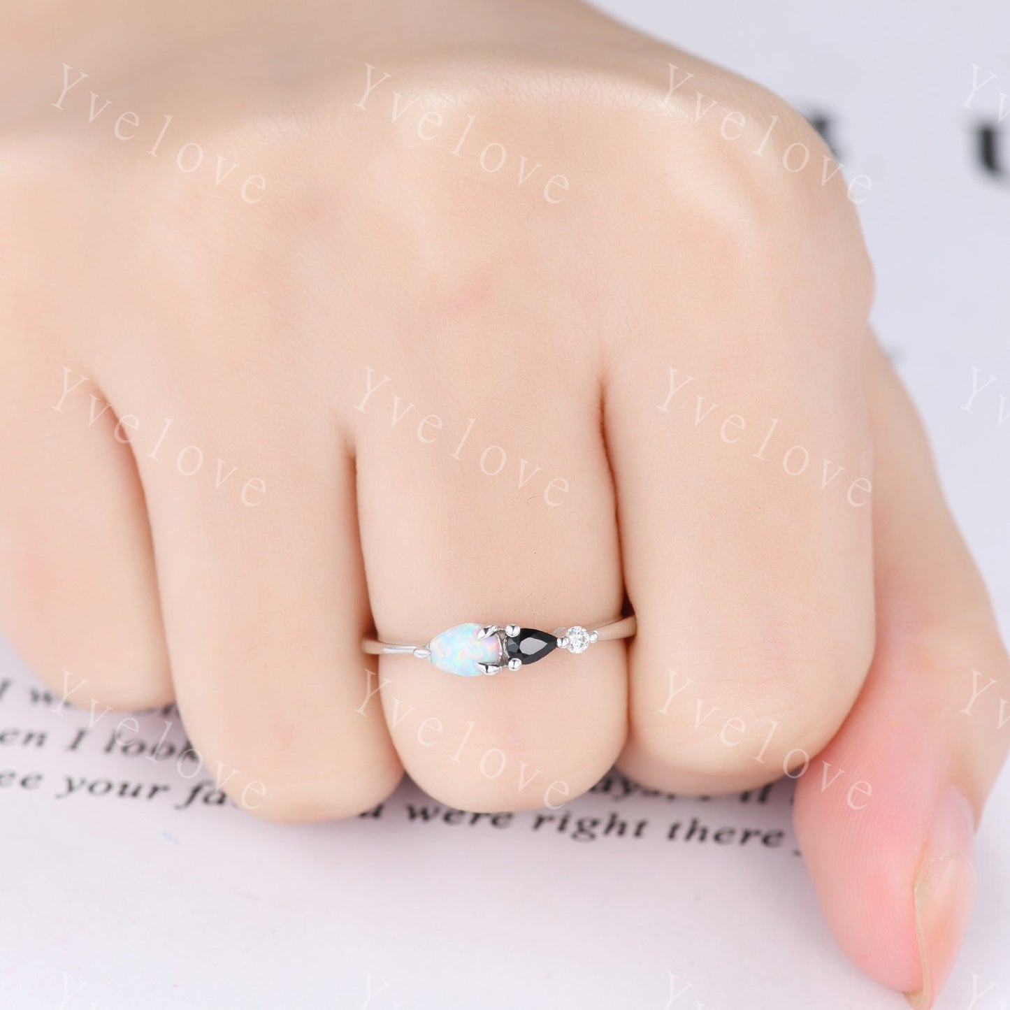 Vintage Opal Black Spinel Engagement Ring,Pear Cut Gems,Art Deco Moissanite Wedding Band,3 Stone Unique Women Bridal Promise Ring Gift