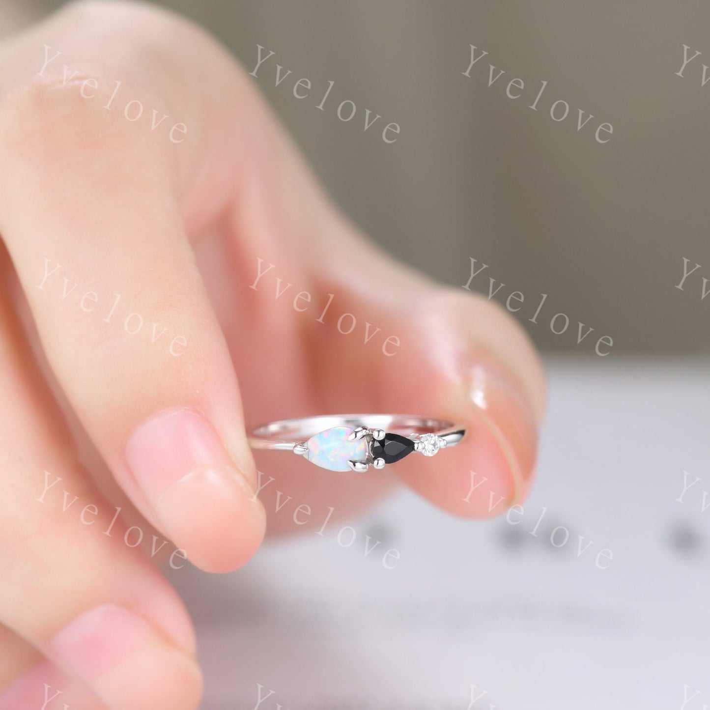 Vintage Opal Black Spinel Engagement Ring,Pear Cut Gems,Art Deco Moissanite Wedding Band,3 Stone Unique Women Bridal Promise Ring Gift