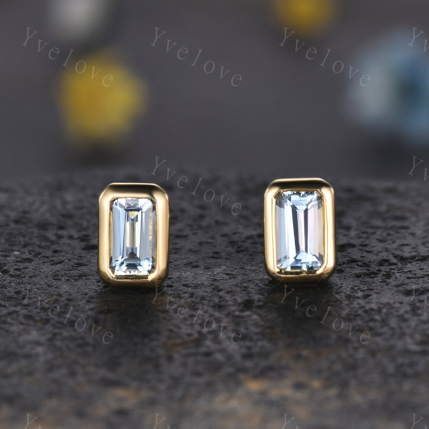 Baguette Aquamarine Earrings,Small Stud Earrings,Aquamarine Jewelry,Gold Stud Earrings,March Birthstone Gift for Her Minimalist Earrings