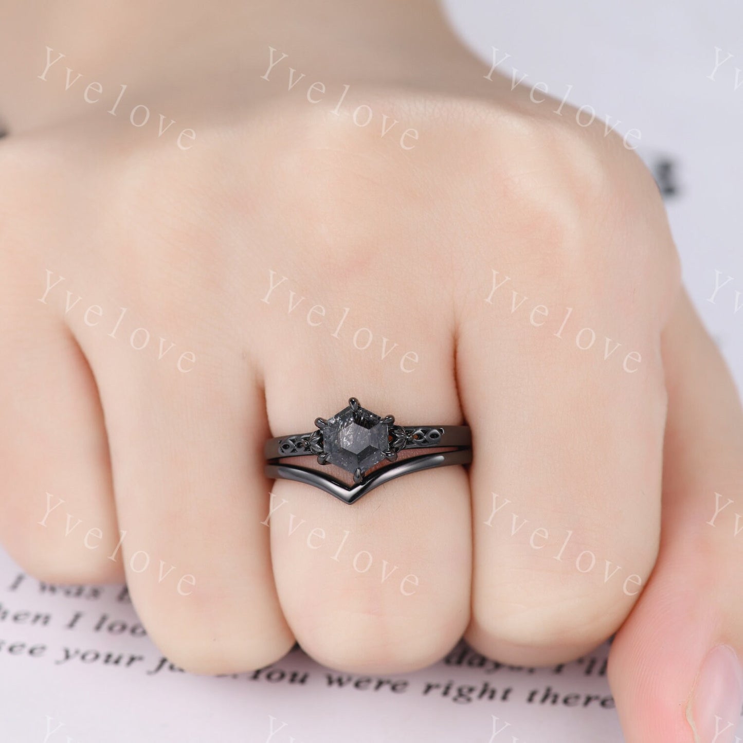 Vintage Black Rutilated Quartz Engagement Ring,Black Gold Ring,Hexagon Cut Bridal Ring,Art Deco Black Quartz Matching Band,Promise Ring Gift