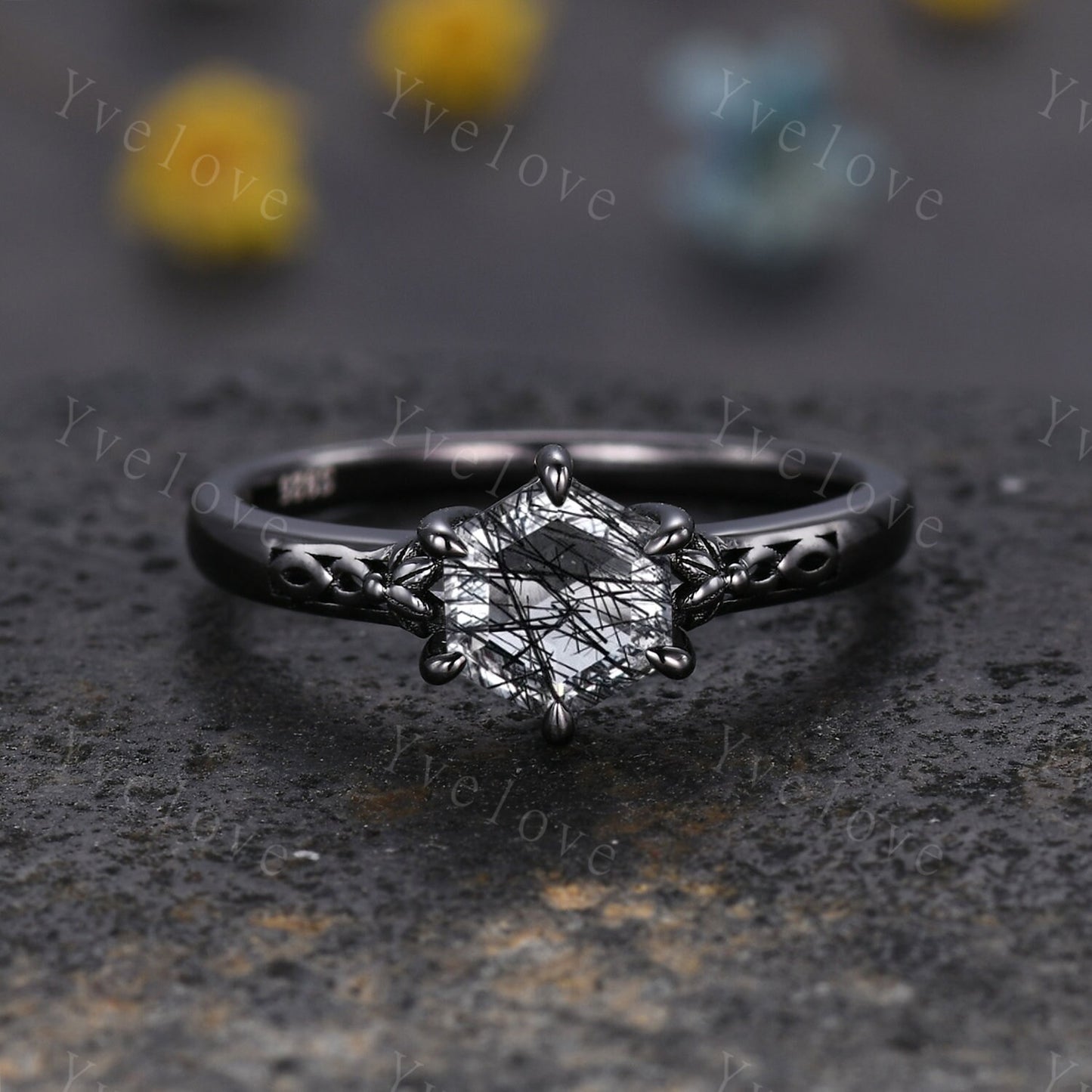Vintage Black Rutilated Quartz Engagement Ring Set,Black Gold Ring,Hexagon Cut Bridal Ring,Art Deco Black Quartz Matching Band,Promise Gift
