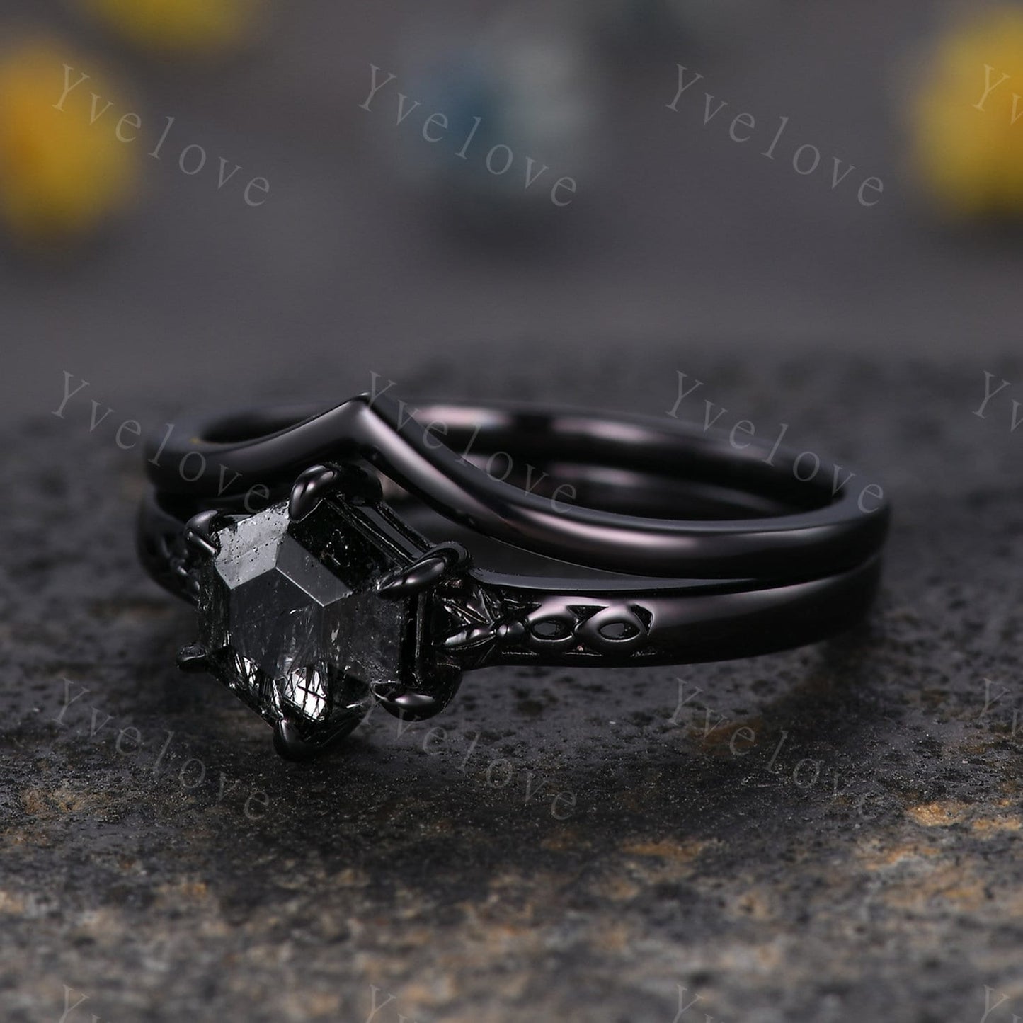 Vintage Black Rutilated Quartz Engagement Ring Set,Black Gold Ring,Hexagon Cut Bridal Ring,Art Deco Black Quartz Matching Band,Promise Gift