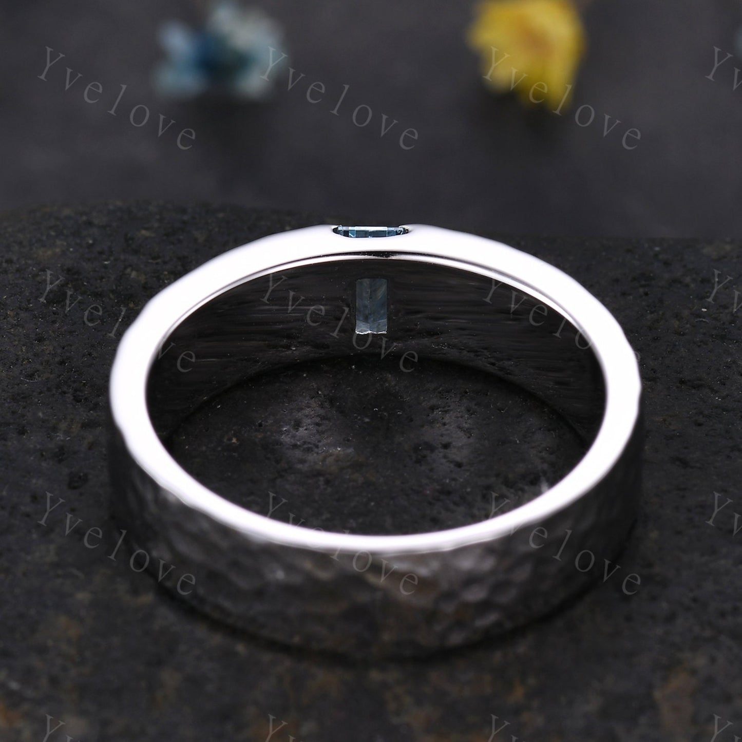 6mm Mens Blue Aquamarine Wedding Band Baguette Shaped Band White Gold Ring Mens Hammered Stacking Matching Band Retro Vintage Ring Gift