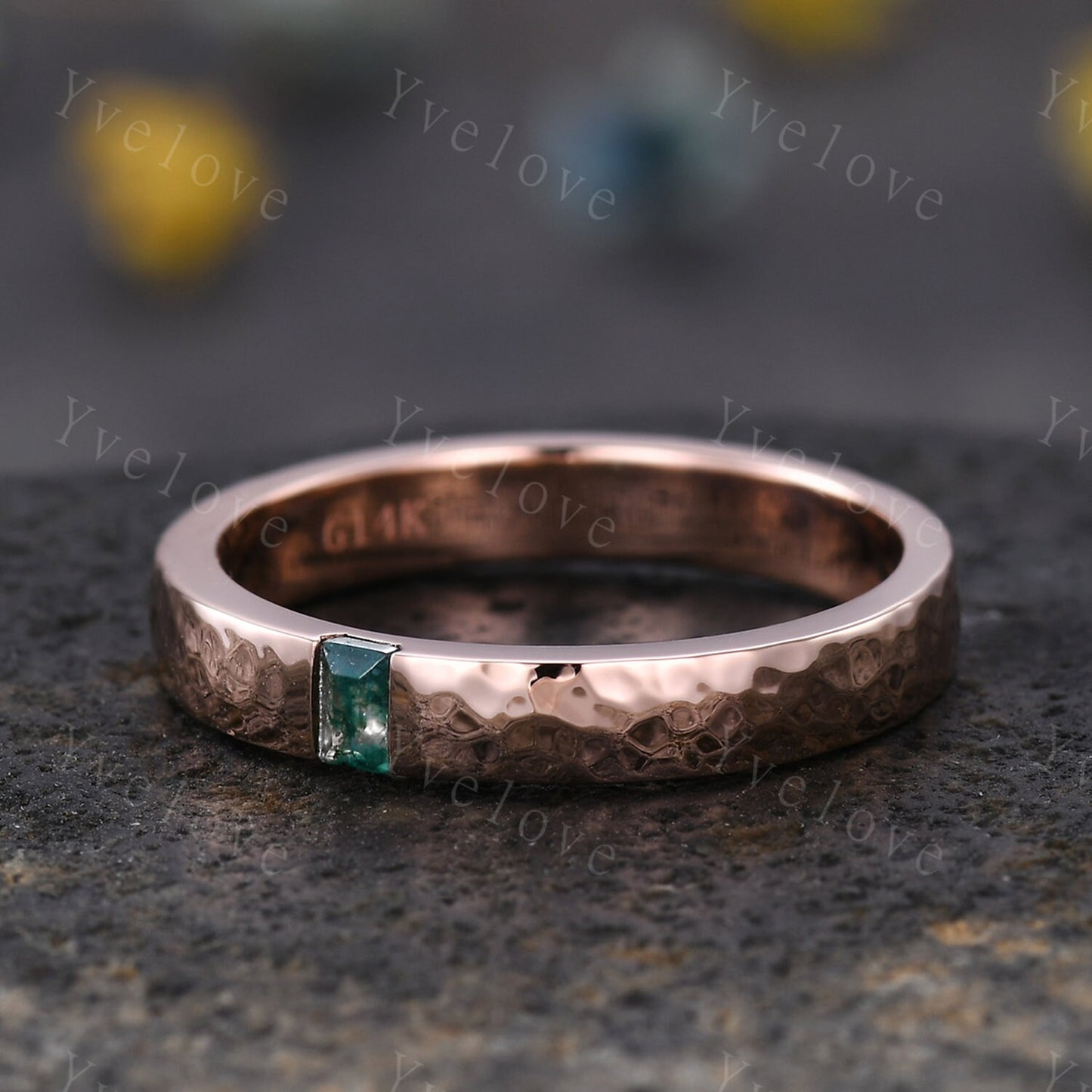 3mm Mens Moss agate Wedding Band Baguette Cut Natural Agate Band Solid Gold Ring Men Hammered Stacking Matching Band Retro Vintage Ring Gift