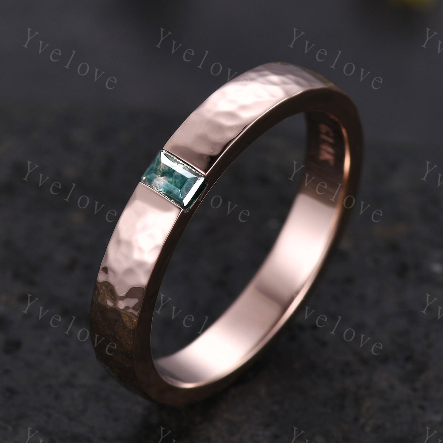 3mm Mens Moss agate Wedding Band Baguette Cut Natural Agate Band Solid Gold Ring Men Hammered Stacking Matching Band Retro Vintage Ring Gift