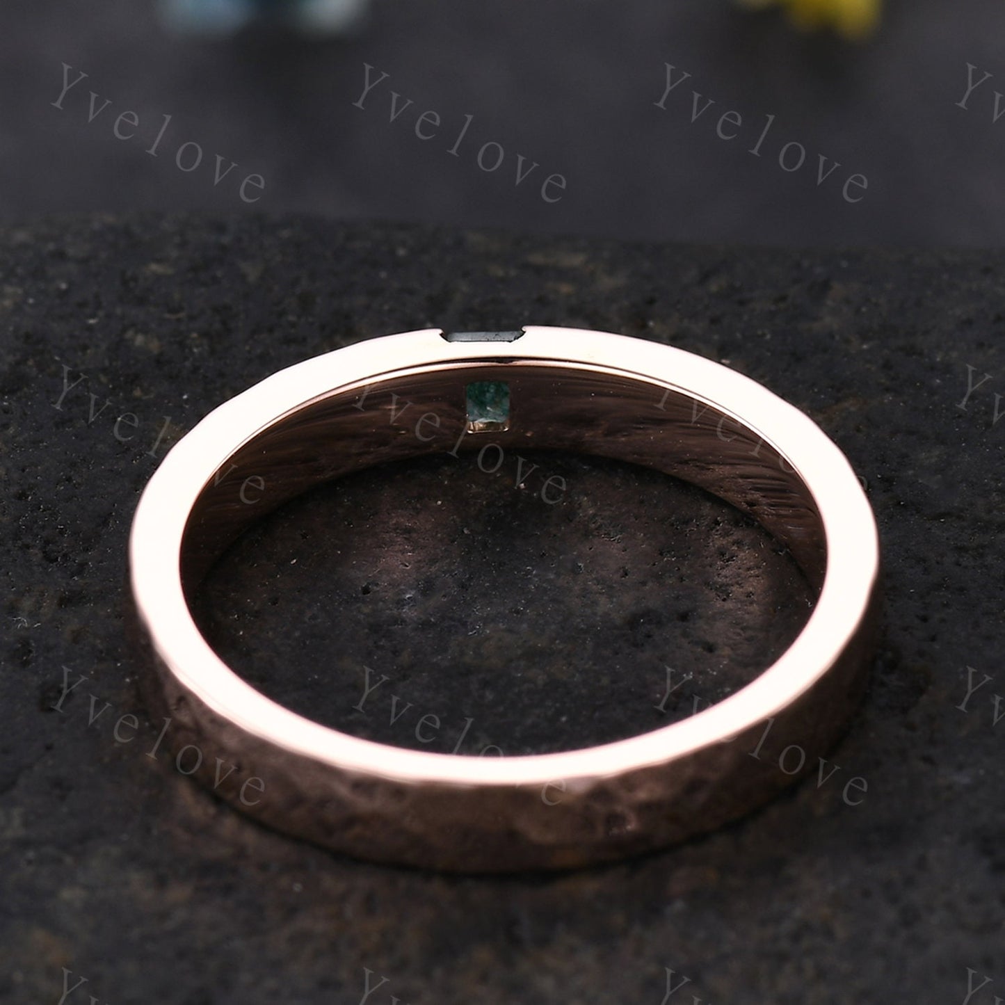 3mm Mens Moss agate Wedding Band Baguette Cut Natural Agate Band Solid Gold Ring Men Hammered Stacking Matching Band Retro Vintage Ring Gift