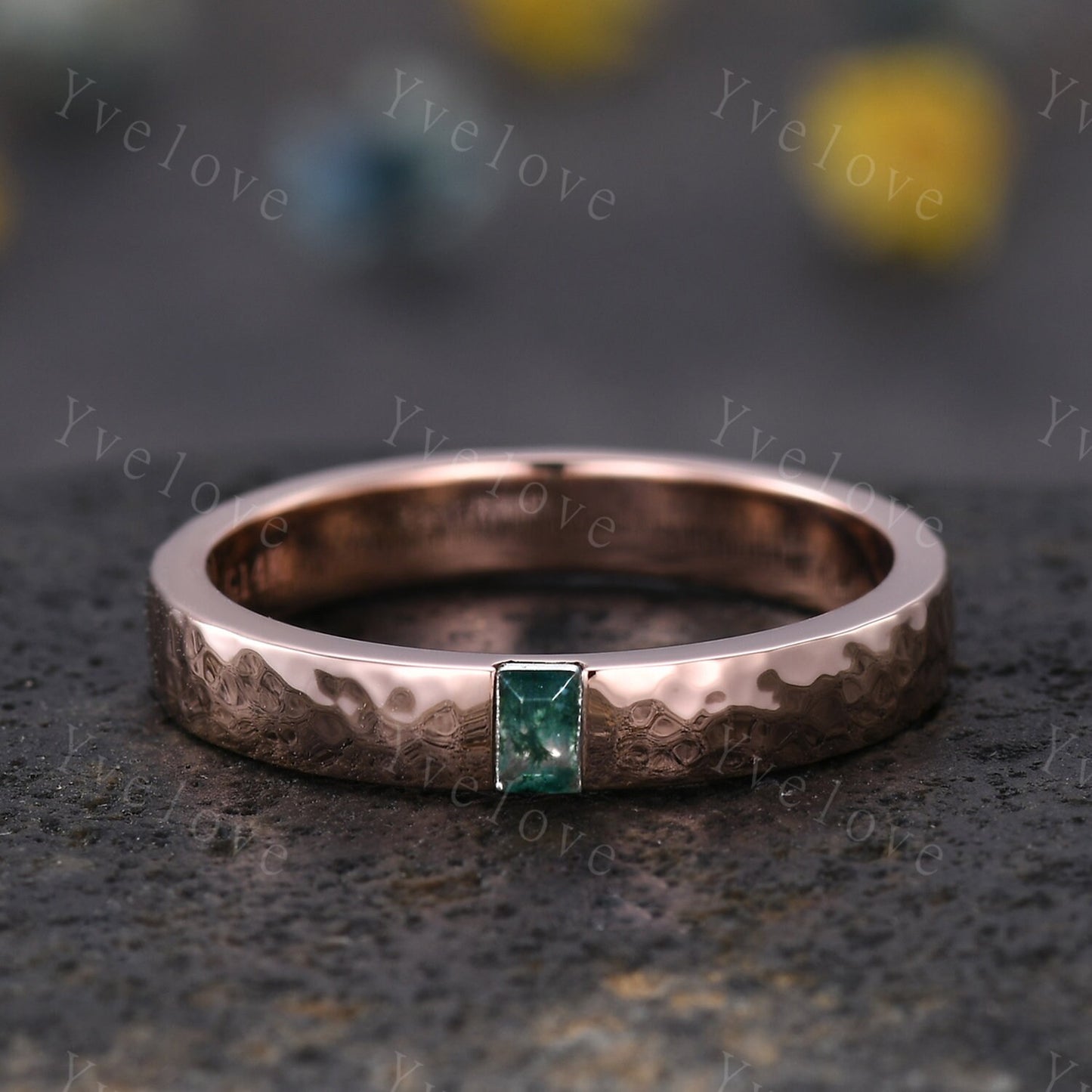 3mm Mens Moss agate Wedding Band Baguette Cut Natural Agate Band 14k Gold Ring Men Hammered Stacking Matching Band Retro Vintage Ring Gift