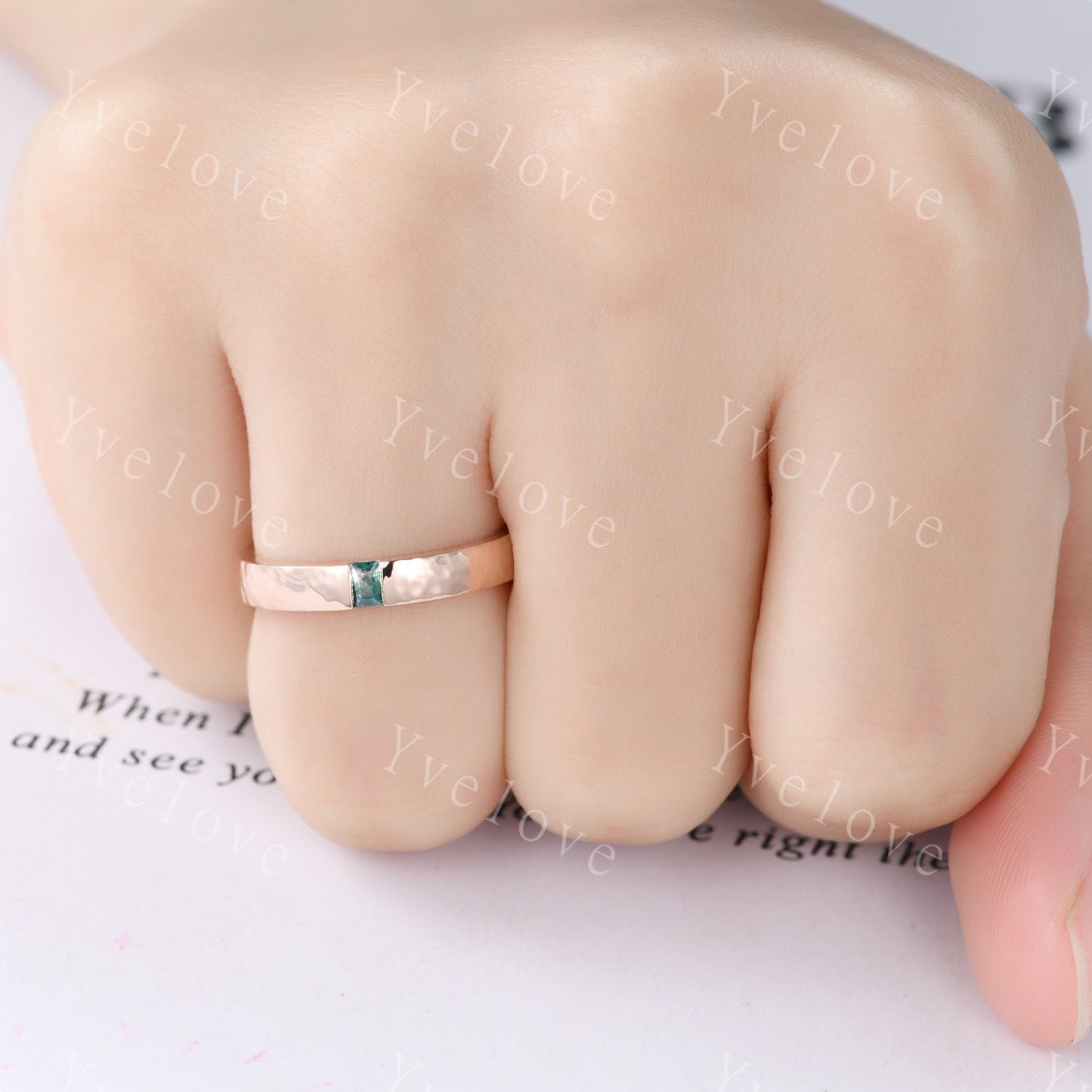 3mm Mens Moss agate Wedding Band Baguette Cut Natural Agate Band Solid Gold Ring Men Hammered Stacking Matching Band Retro Vintage Ring Gift