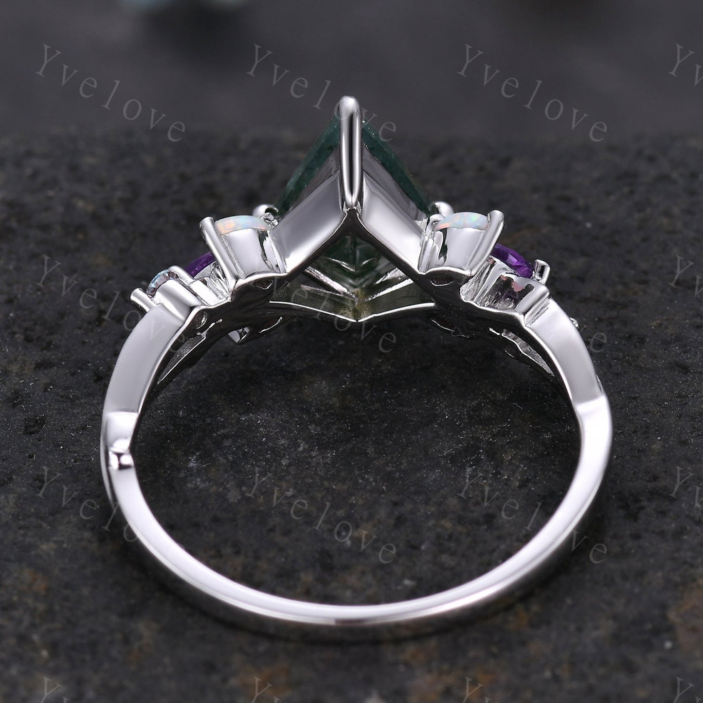 Vintage Kite Moss Agate Engagement Ring,Black Gold Ring,Vines Amethyst Opal Ring,Women Bridal Set,Unique Twig Anniversary Promise Ring Gift