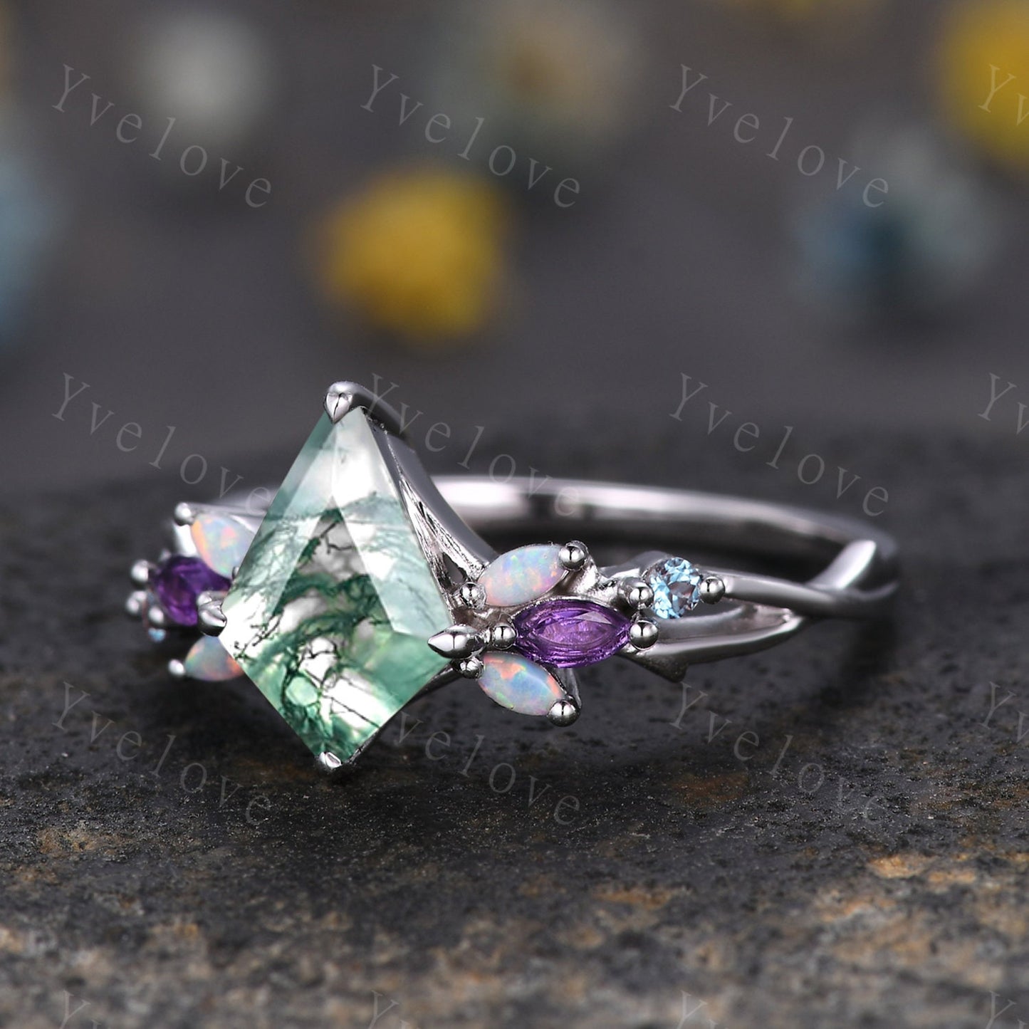 Vintage Kite Moss Agate Engagement Ring,Black Gold Ring,Vines Amethyst Opal Ring,Women Bridal Set,Unique Twig Anniversary Promise Ring Gift