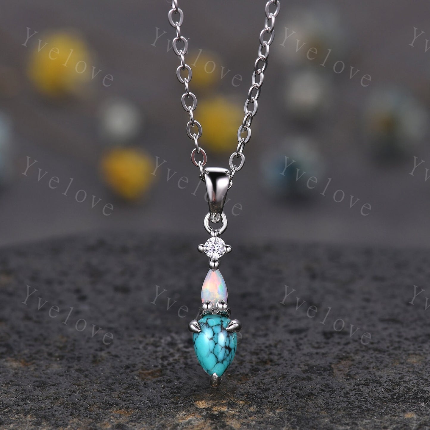 Unique Turquoise Opal Necklace,Pear Cut Jewelry,Art Deco Diamond Delicate Dainty Pendant,3 Stone  Women Bridal Gift,White gold Necklace Gift