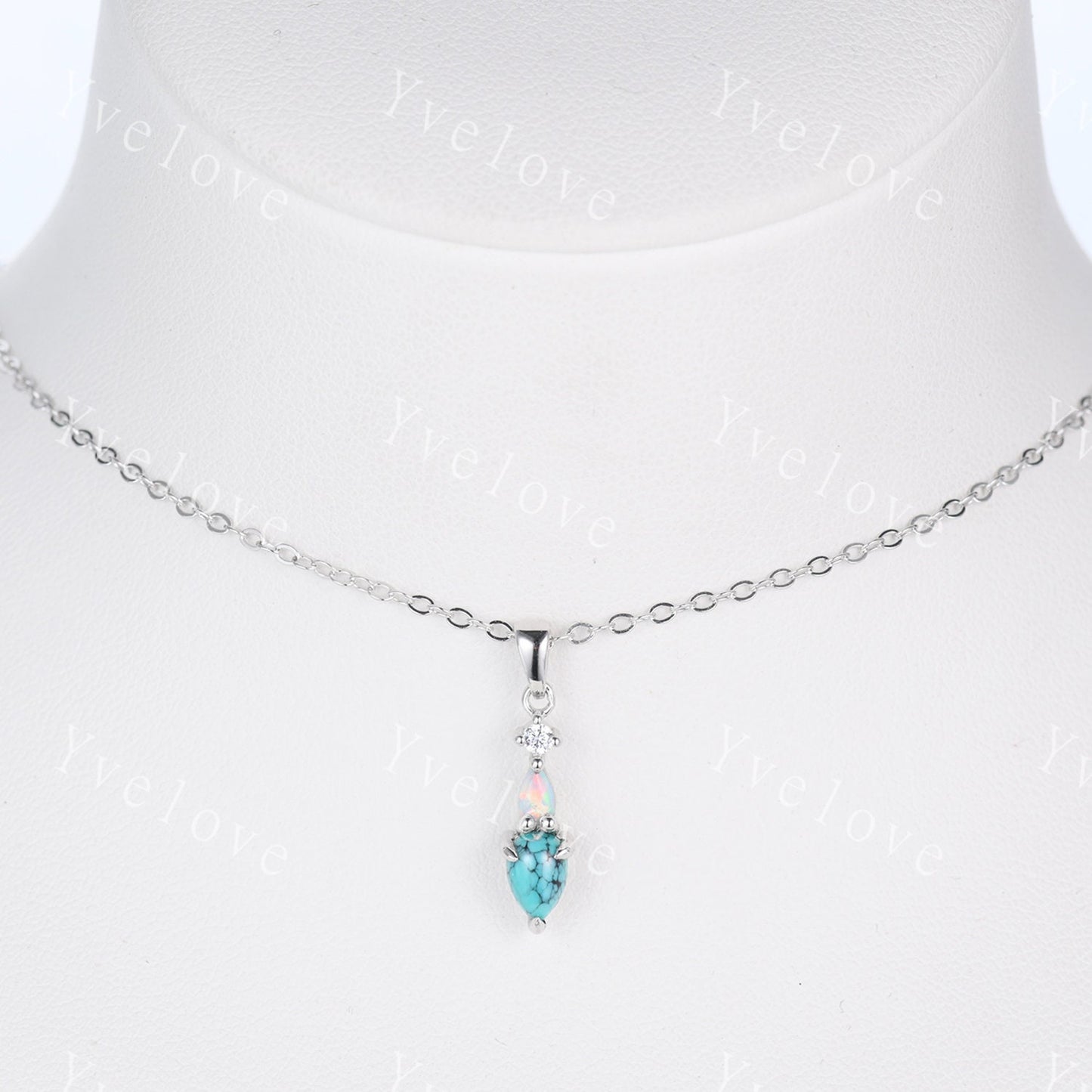 Unique Turquoise Opal Necklace,Pear Cut Jewelry,Art Deco Diamond Delicate Dainty Pendant,3 Stone  Women Bridal Gift,White gold Necklace Gift