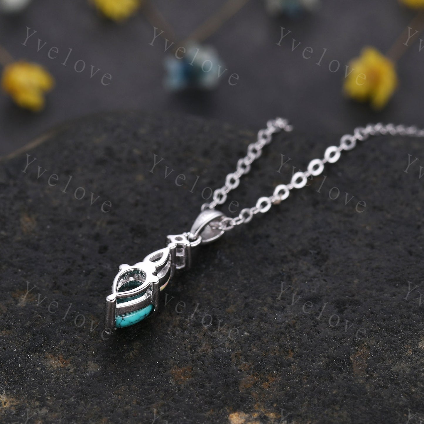 Unique Turquoise Opal Necklace,Pear Cut Jewelry,Art Deco Diamond Delicate Dainty Pendant,3 Stone  Women Bridal Gift,White gold Necklace Gift