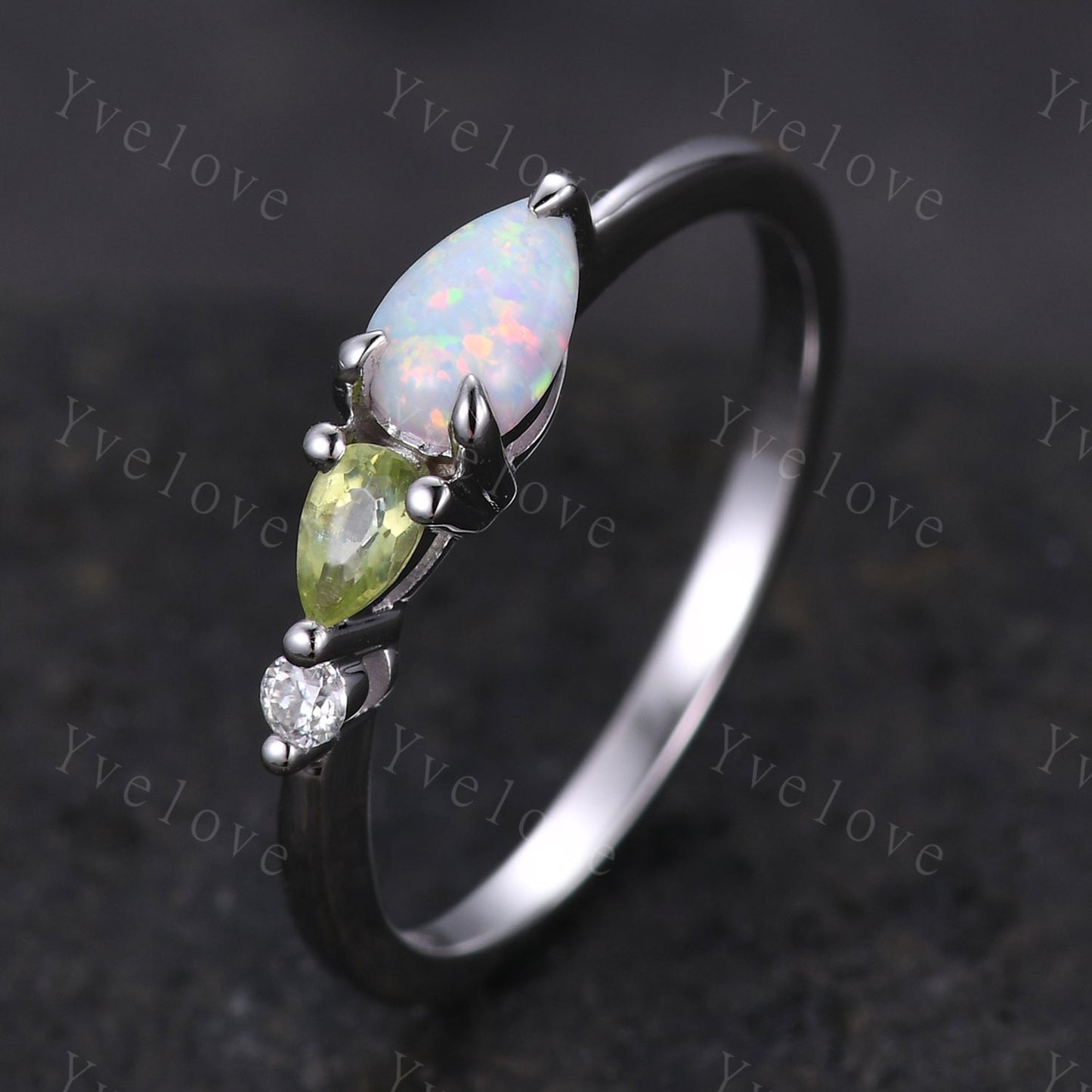 Vintage Opal Peridot Engagement Ring,Pear Cut Gems,Art Deco Moissanite Wedding Band,3 Stone Unique Women Bridal Promise Ring,Birthday Gift