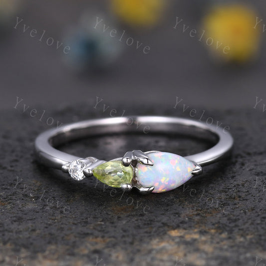 Vintage Opal Peridot Engagement Ring,Pear Cut Gems,Art Deco Moissanite Wedding Band,3 Stone Unique Women Bridal Promise Ring,Birthday Gift