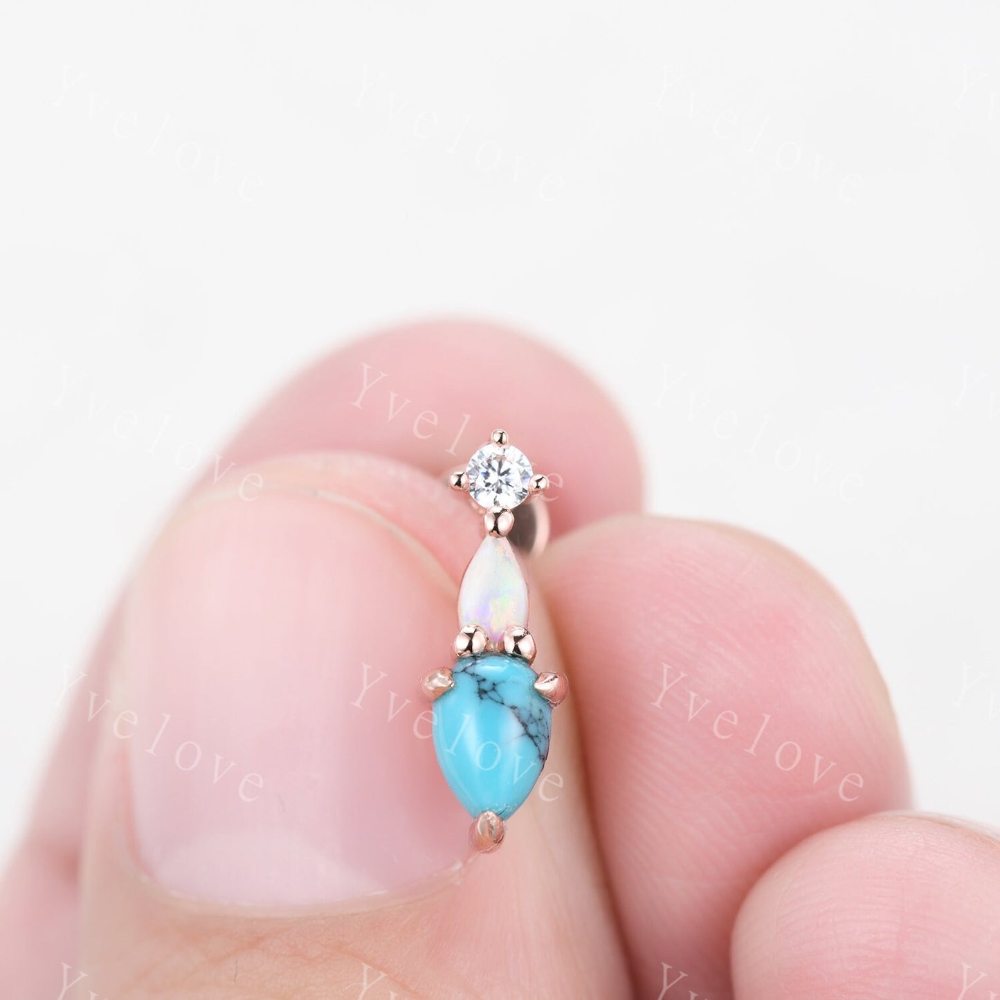 Unique Turquoise Opal Earrings,Pear Cut Gems,Art Deco Moissanite Diamond Delicate Dainty Stud Earrings,3 Stone Minimalist Women Gift for Her